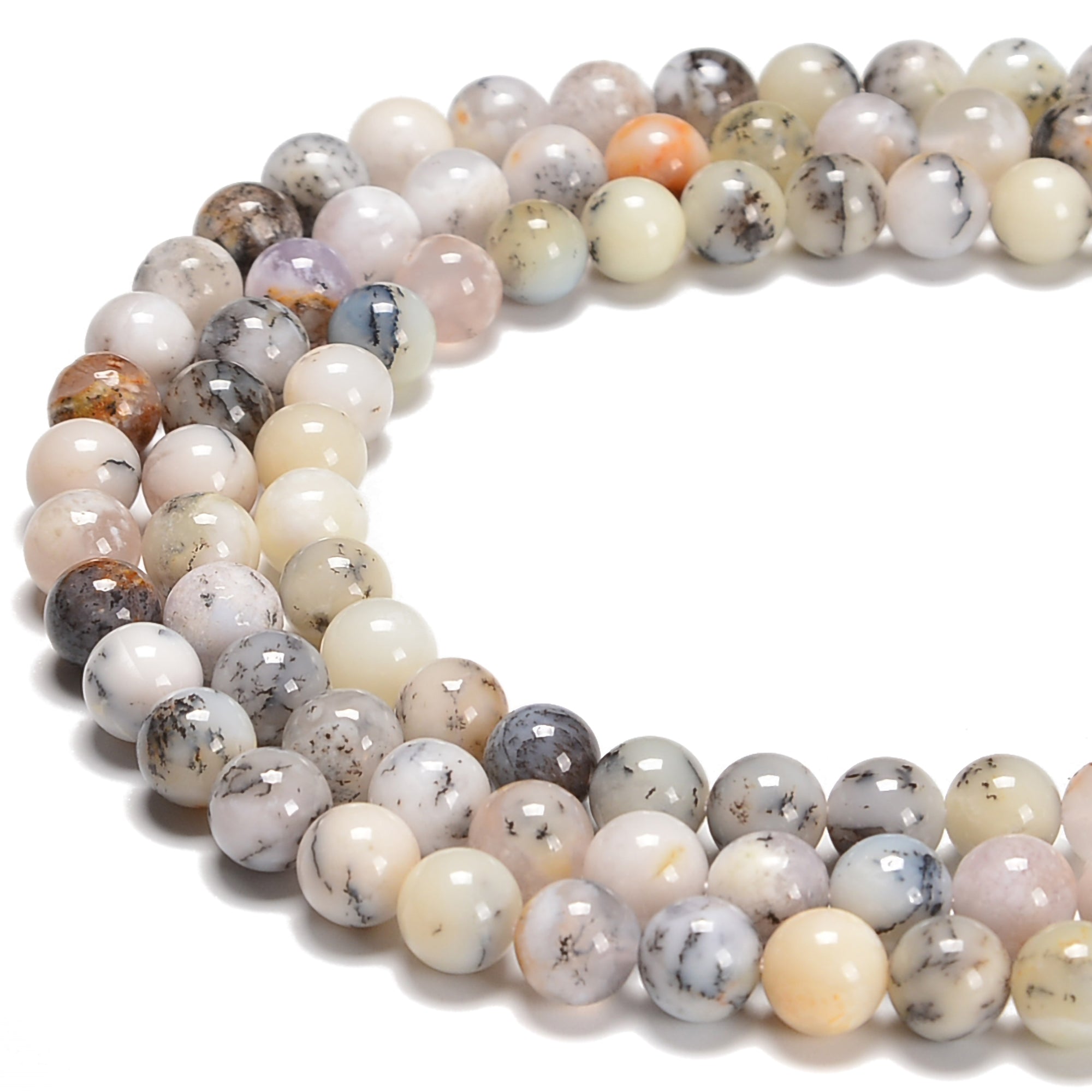 Premium Dendritic White Opal Smooth Round Beads - 6mm, 8mm, 10mm, 15.5