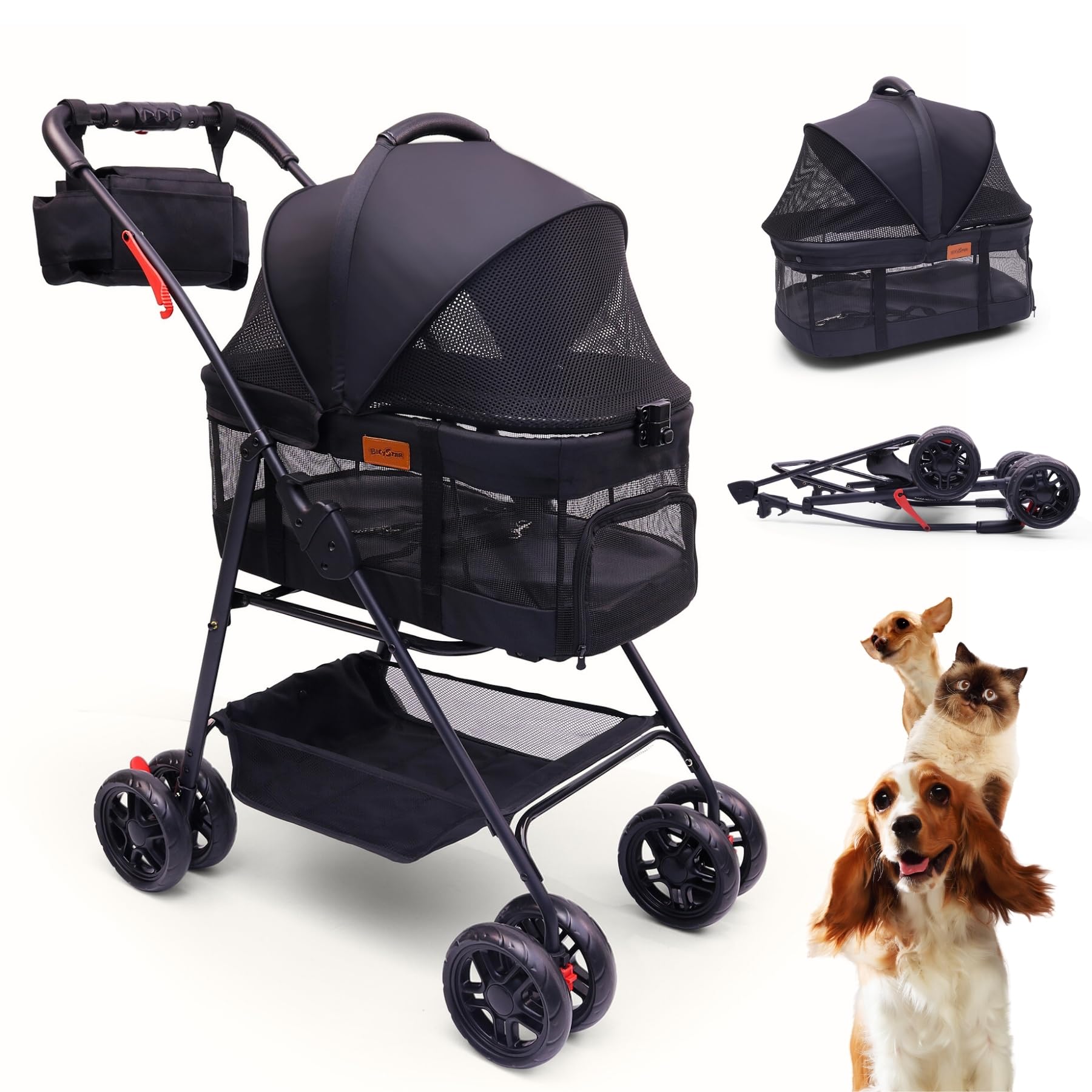 Premium Pet Stroller for Small Dogs & Cats - 3-in-1 Convertible Carrier with Wheels, Detachable Design, 33 lbs Capacity - Easy Fold & Compact for Travel - Perfect for Vet Visits, Shopping & Outdoor Adventures (Black)