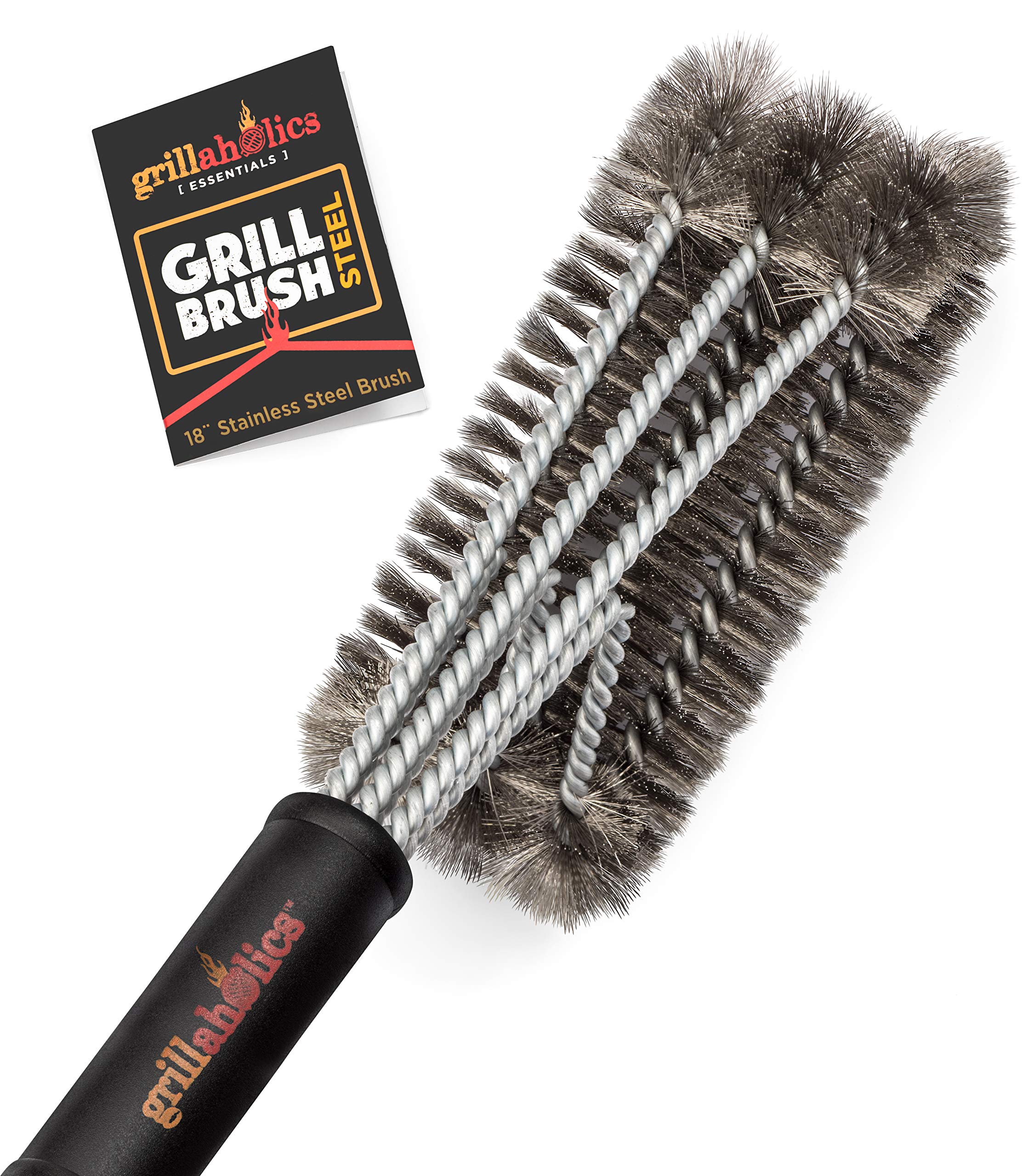 Grillaholics Premium Stainless Steel Grill Brush - Heavy Duty BBQ Grill Cleaner with Triple Safety Tested Bristles - Deep Cleaning for Charcoal & Gas Grills - Lifetime Warranty - Perfect for Backyard BBQs, Camping & Outdoor Cooking