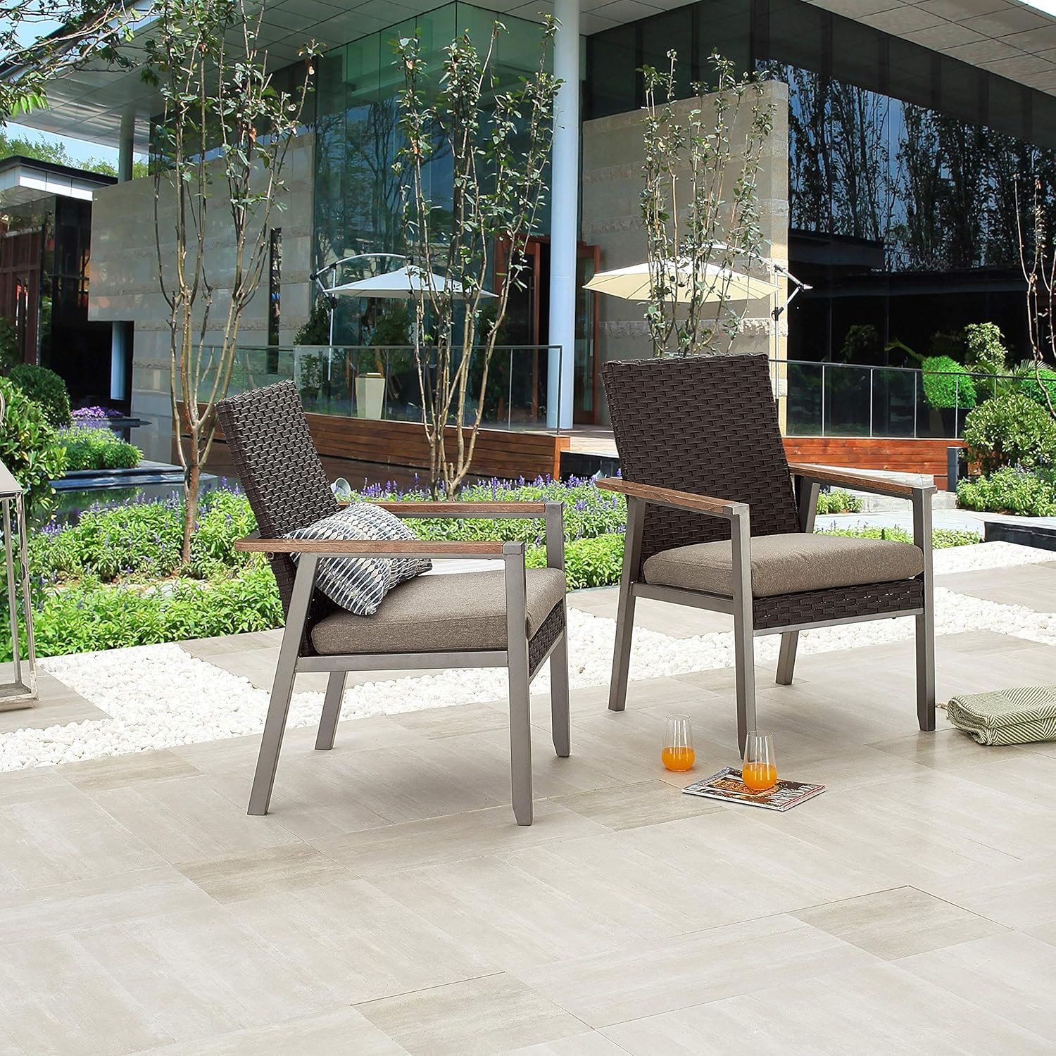 LOKATSE HOME 2-Piece Gray Outdoor Wicker Dining Chair Set - Patio Rattan Furniture with Cushions, Weather-Resistant Metal Armchairs for Garden, Poolside, and Backyard Relaxation
