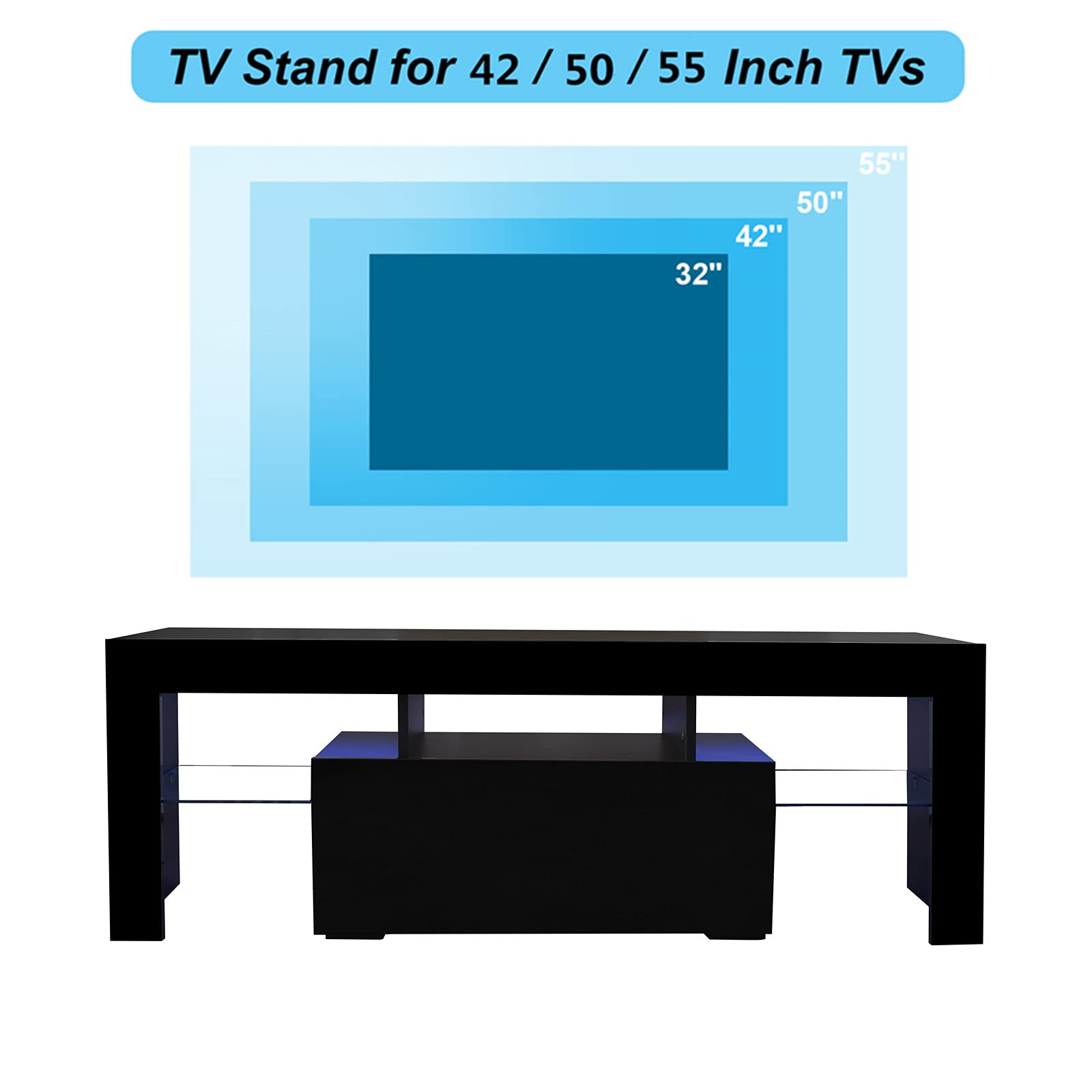 Modern LED TV Stand with Single Drawer - Black Entertainment Center Cabinet for 50-55 Inch TVs - Living Room & Bedroom Furniture for Home Theater Setup