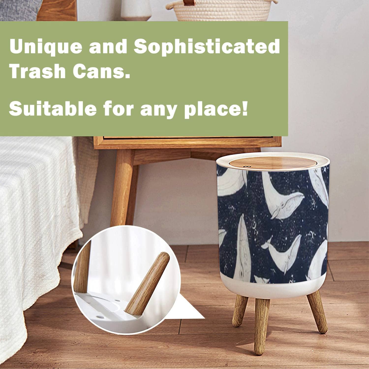 Whale Night Sky Seamless Surreal Black & White Small Trash Can with Wood Legs - Round Press Cover Garbage Bin for Kitchen, Bathroom & Office Waste Disposal - Perfect for Home Decor & Coastal Theme Spaces