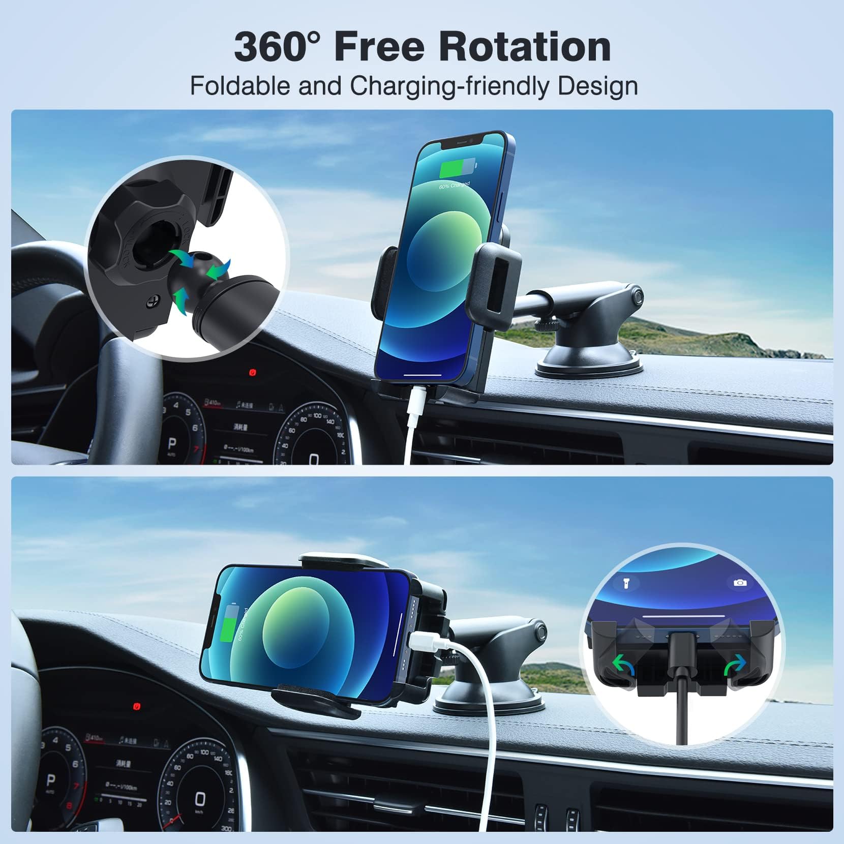 Car Phone Holder - Super Sticky Suction Cup Dashboard & Windshield Mount, 360° Rotatable Retractable Stand for Phones up to 7 Inches | Perfect for GPS Navigation, Hands-Free Calling & Road Trips