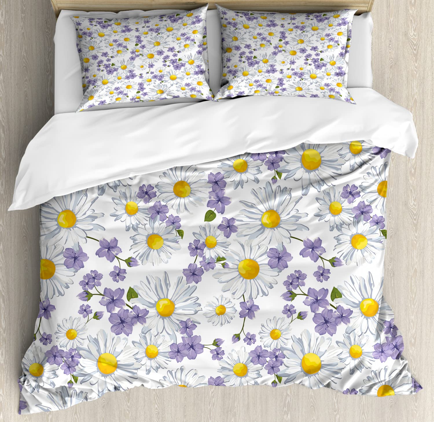 Ambesonne Floral Duvet Cover Set - Twin Size 2-Piece Bedding with Blossoming Chamomile Wildflower Design in White Yellow Purple | Spring Summer Decor for Guest Room, Bedroom & Dorm | Includes 2 Duvet Covers & 2 Pillowcases