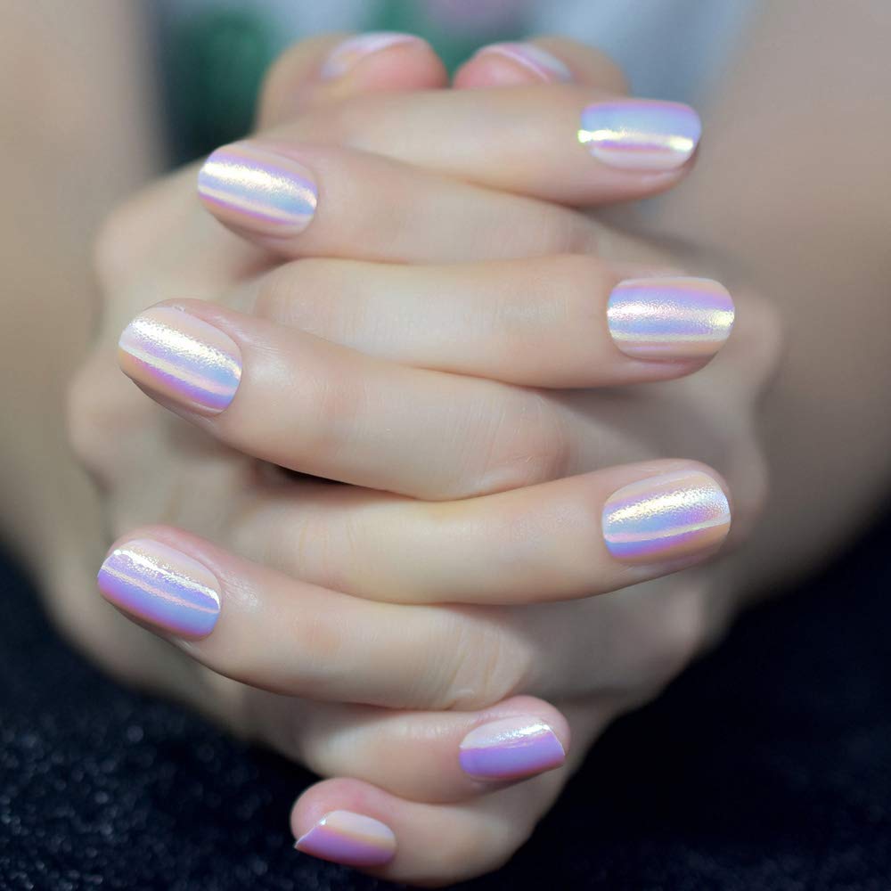 24pcs Unicorn Chrome Press On Fake Nails - Short Iridescent Pink Acrylic False Nails with Glue & Stickers | Full Cover Nail Art Designs for Parties, Weddings, Daily Wear & Special Occasions
