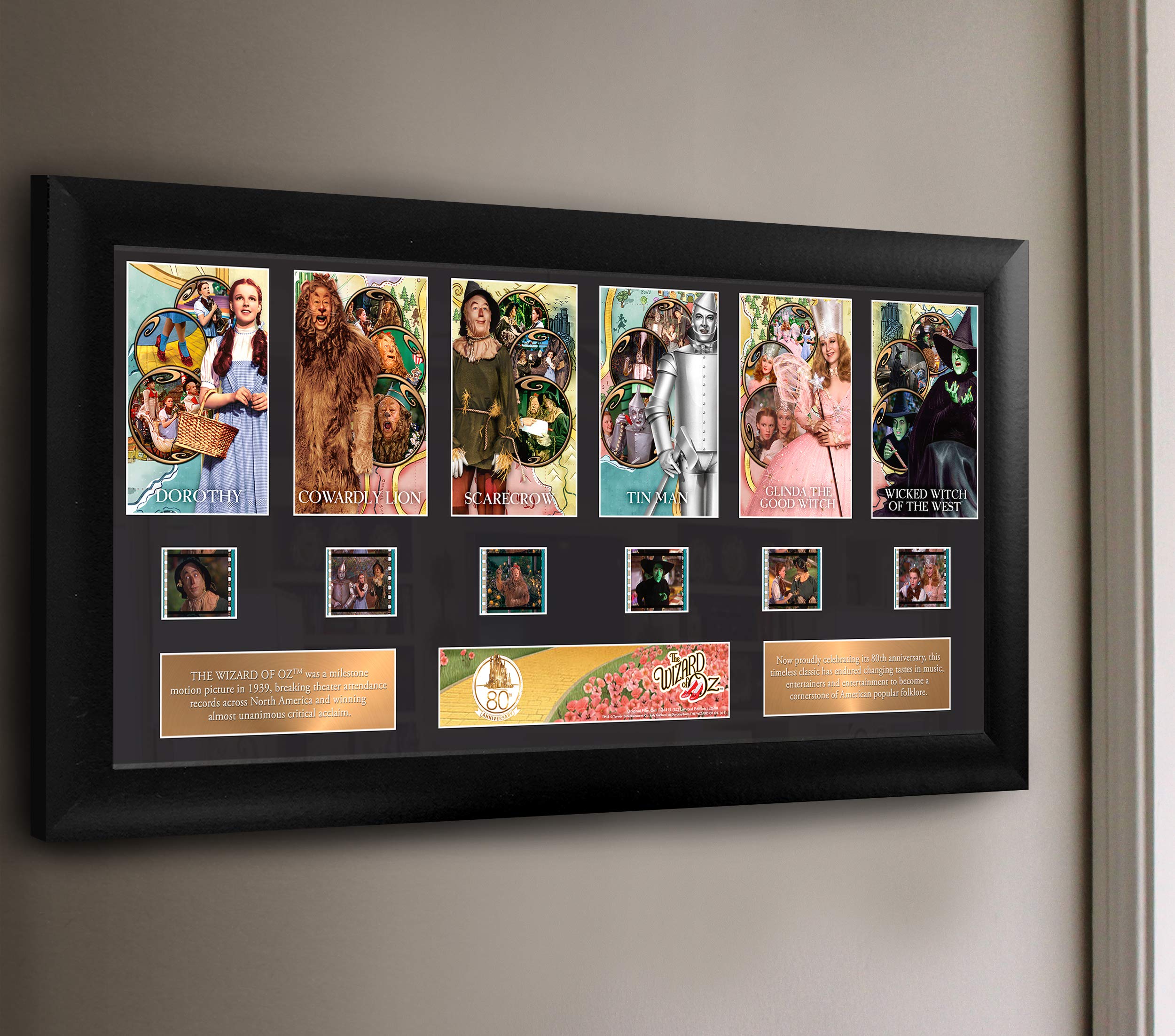 Wizard of Oz Framed FilmCells Presentation - Dorothy, Scarecrow, Tin Man, Cowardly Lion, Glinda & Wicked Witch - Authentic 35mm Film - 80th Anniversary Limited Edition with COA - Perfect for Movie Collectors & Home Theater Decor