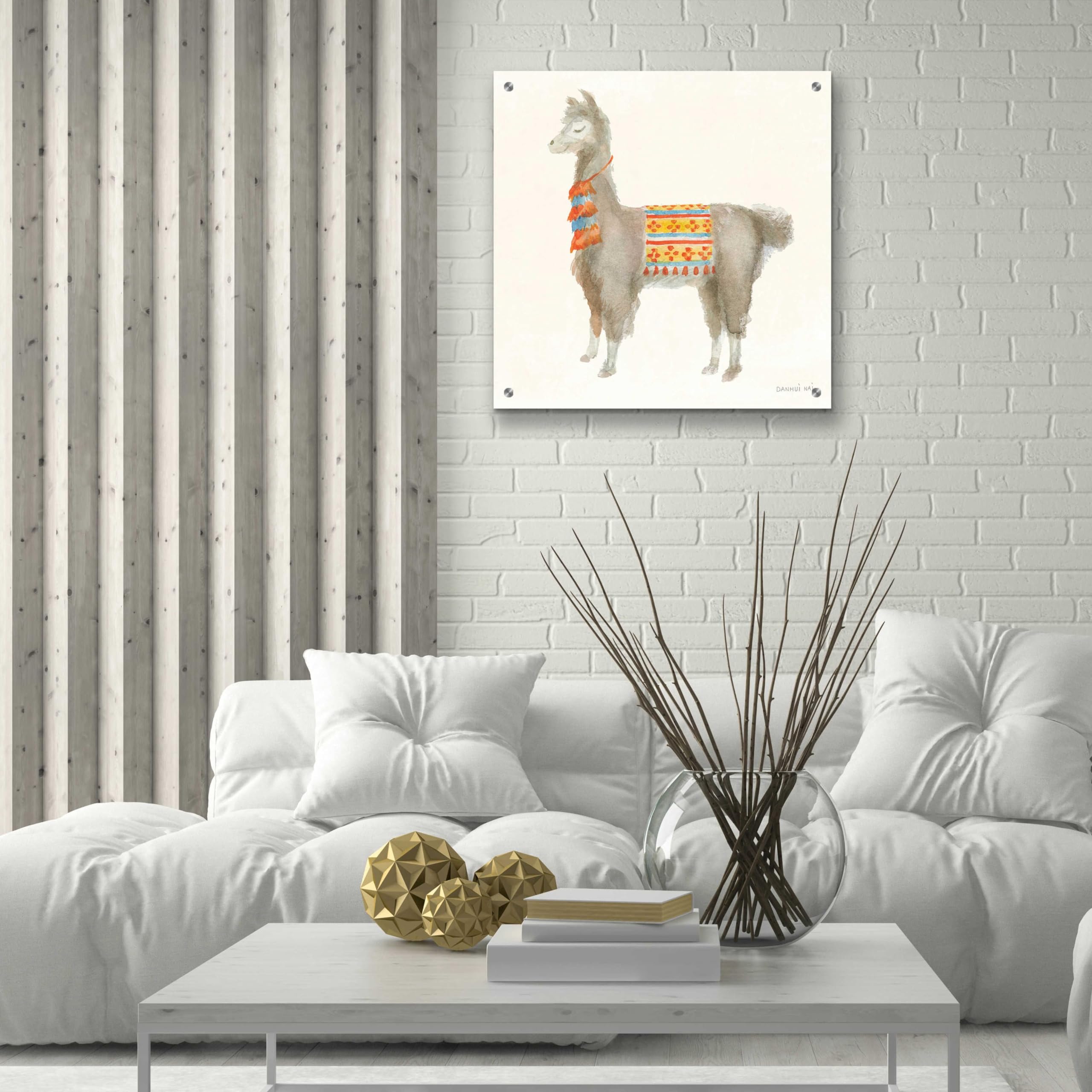 Festive Llama II Wall Art by Danhui Nai - 24x24 Inch Acrylic Glass Canvas Painting - Modern Home Decor for Living Room, Bedroom & Office