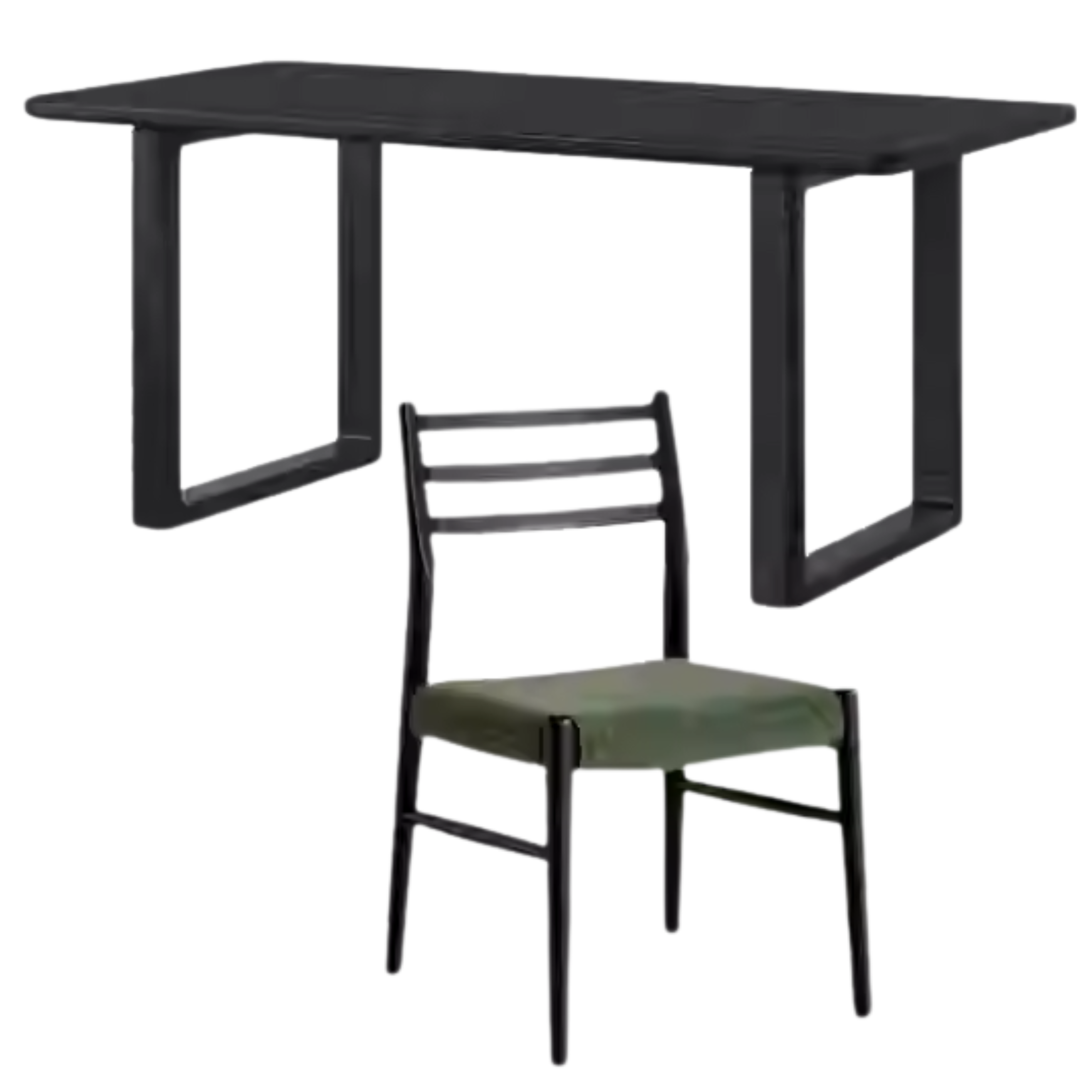 62.9x18.5x29.9 inch / 160x80x76 cm/ Black Color / Dining table with chairs 4pcs (upholstered chair moss green)