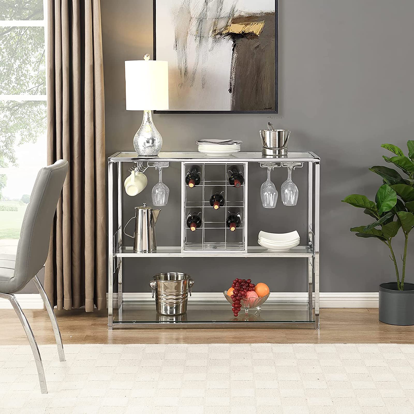 Modern Metal Wine Bar Cabinet with Glass Holder & 12-Bottle Storage - Wine Rack Table with Glass Shelves for Home, Kitchen & Dining Room - Perfect for Entertaining, Wine Display & Organized Liquor Storage