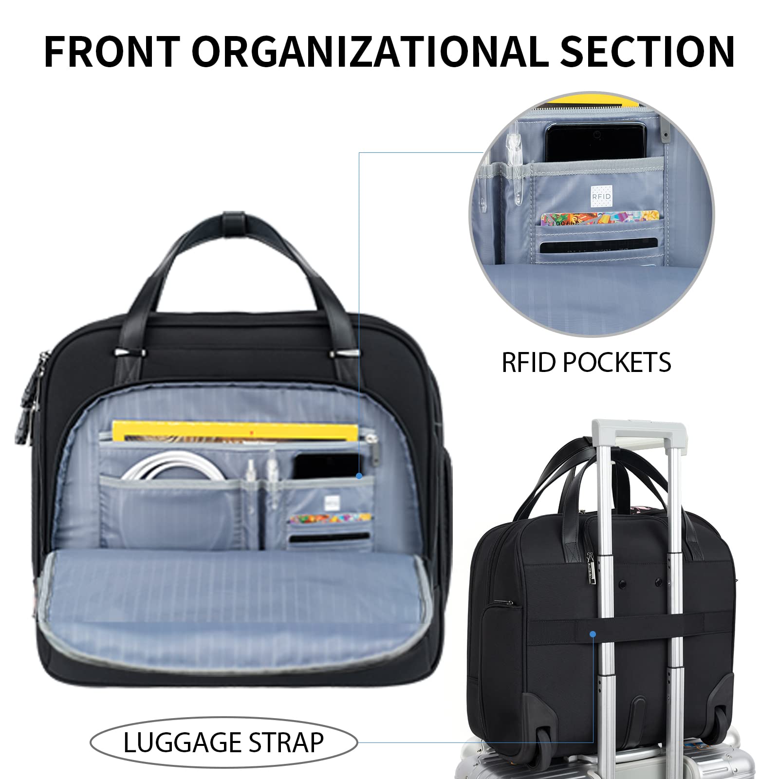 EMPSIGN Rolling Laptop Bag for Women - 15.6 Inch Water-Resistant Wheeled Briefcase with RFID Pockets - Perfect for Business Travel, Commuting & Overnight Trips - Black