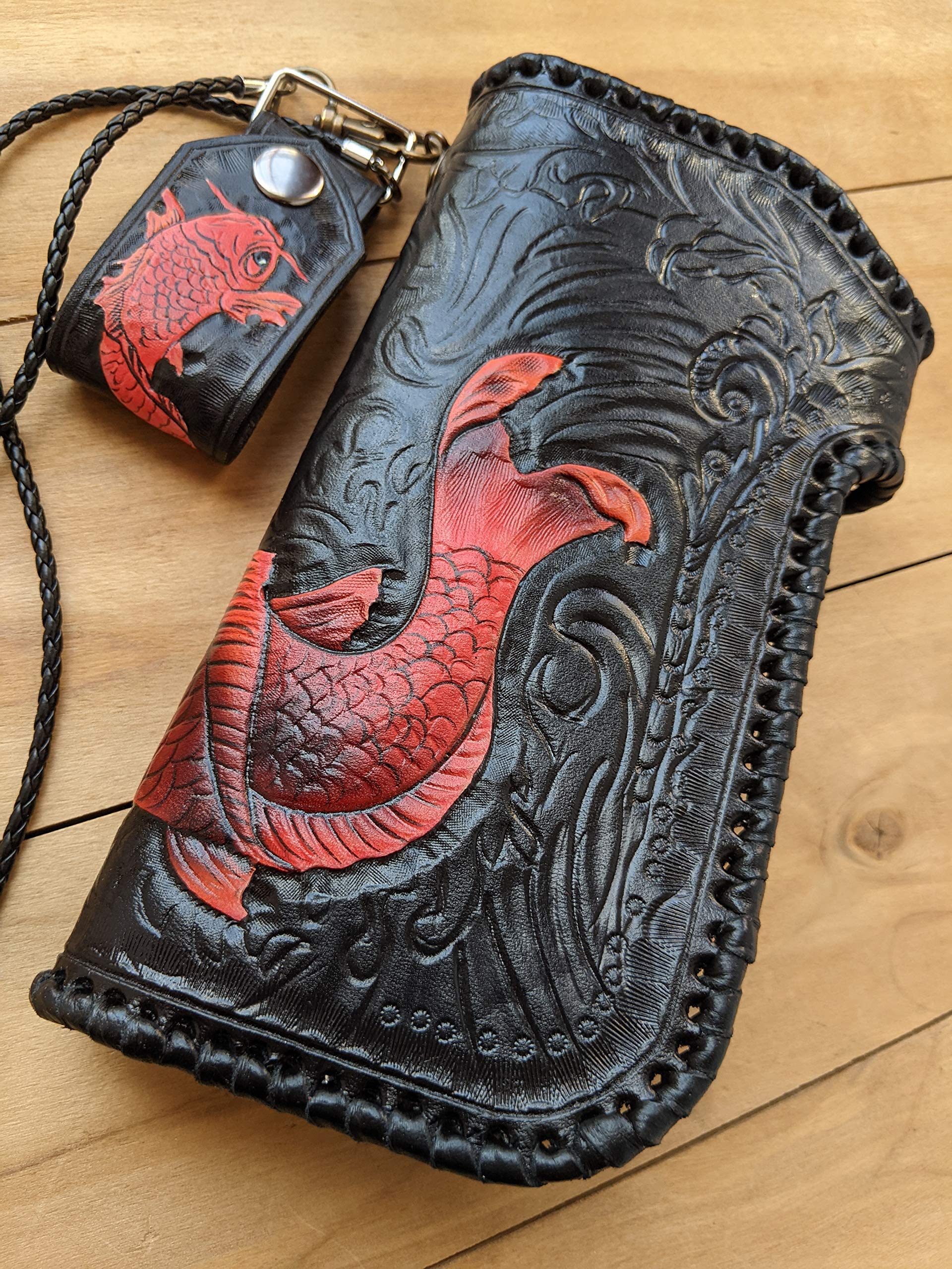 Handmade 3D Genuine Leather Men's Wallet - Custom Engraved Biker Wallet with Lucky Koi Design | Personalized Long Leather Wallet for Men | Perfect Gift for Father's Day, Birthday & Travel