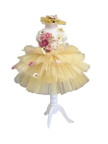 3D Floral Yellow Baby Girl Birthday Dress - Rustic Flower Toddler Outfit with Tutu Skirt | Elegant Sleeveless & Short Sleeve Gown for Holiday, Wedding, Party & Special Occasions