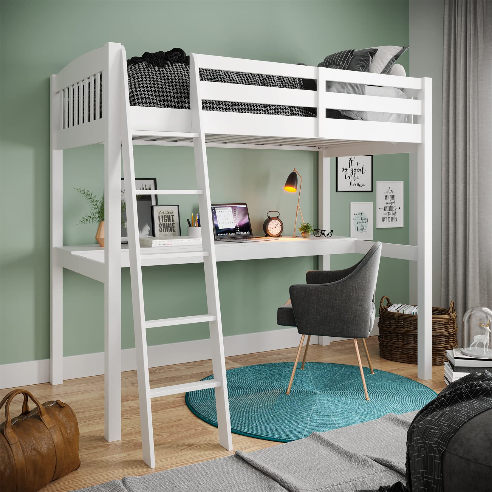 Bellemave Full Loft Beds with Desk - 100% Solid Wood Loft Bed Frame for Teens & Kids - Dorm Room Furniture - Space Saving Study & Sleep Solution (Full Size, White) - Perfect for Small Bedrooms & College Dorms