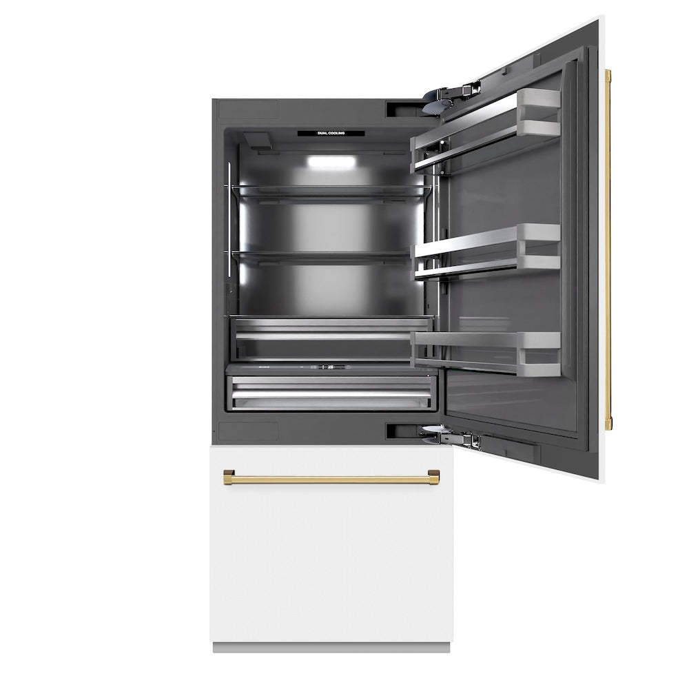 ZLINE Autograph Edition 36 Inch Built-In Bottom Freezer Refrigerator - 19.8 cu ft Capacity, Water Dispenser & Ice Maker, White Matte Exterior with Graphite Gray Interior & Polished Gold Accents (GRBITZ WM 36 G) - Perfect for Modern Kitchens, Open Concept Homes & Luxury Appliances Collection