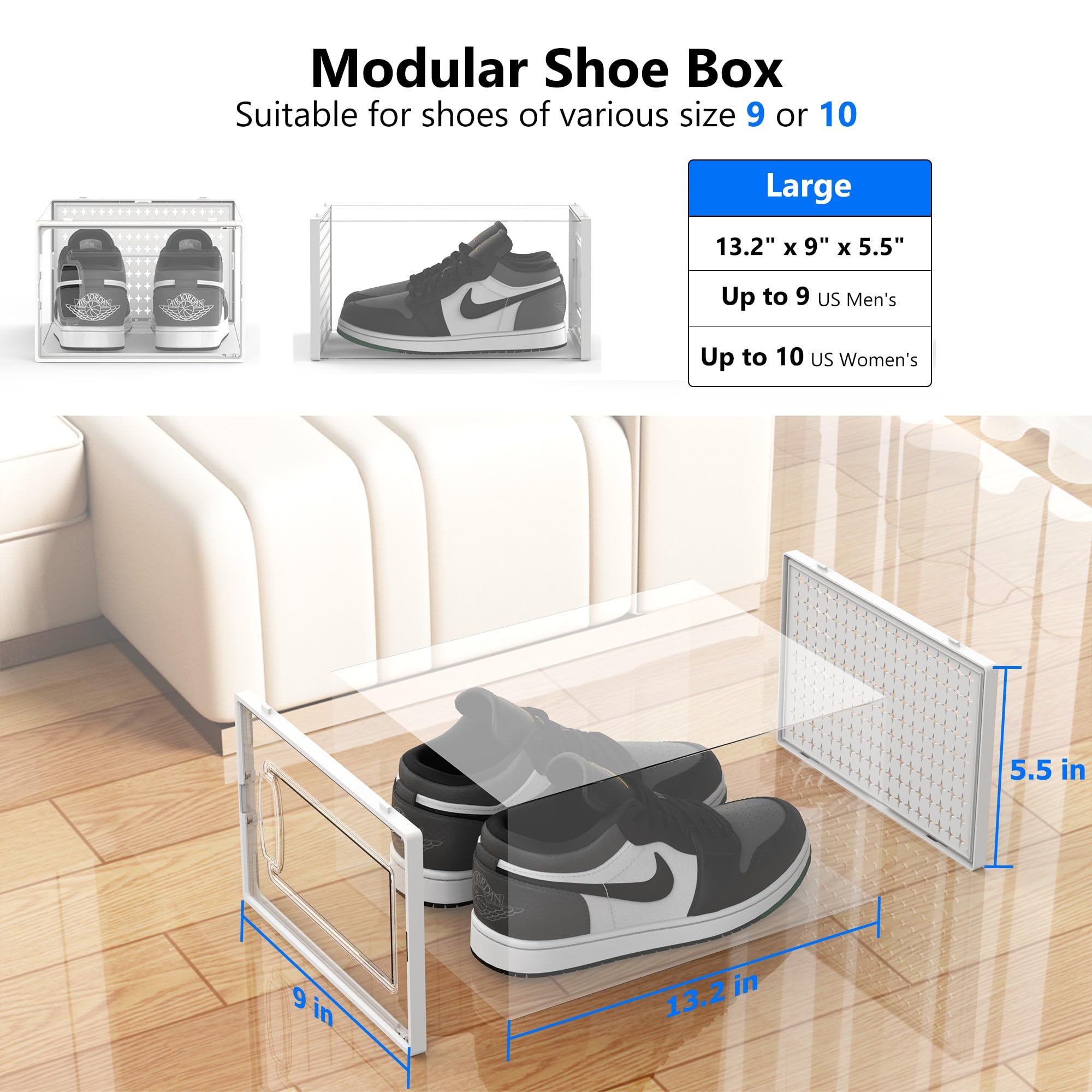 12 Pack Clear Plastic Shoe Storage Box Organizer - Stackable Sneaker Shoe Rack Containers for Closet, Portable Shoe Bins & Holders - Perfect for Bedroom, Walk-in Closet, Dorm Room Organization (White)