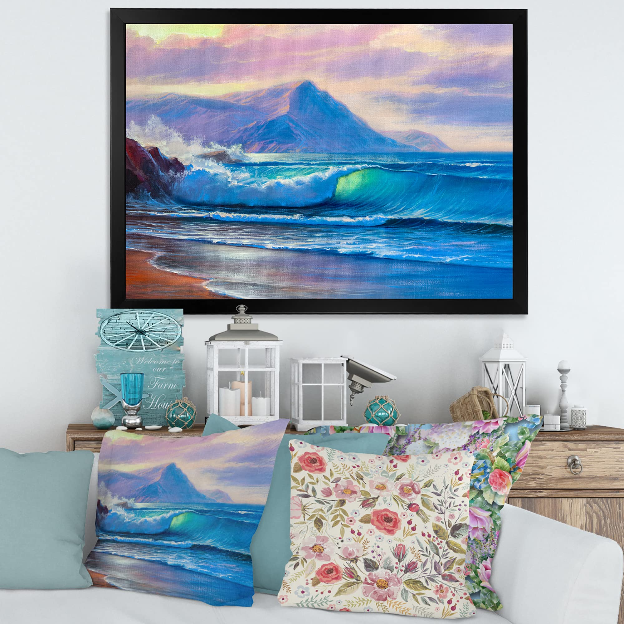 Blue Waves Breaking At The Beach - Nautical & Coastal Framed Wall Art Decor for Living Room, Bedroom, Office | Ocean Themed Home Decoration