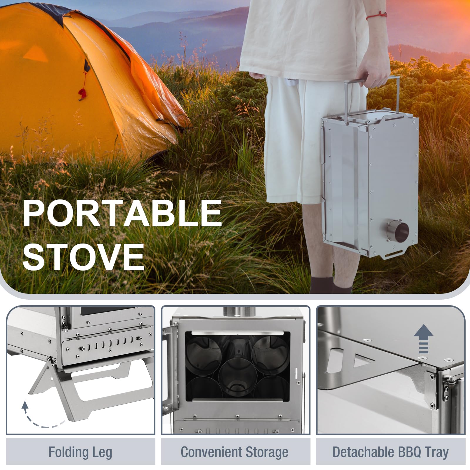 Portable Outdoor Wood Burning Stove with Chimney Pipe - Camping Stove for Cooking, Backpacking & Tent Use - Includes Viewing Glass for Flame Monitoring