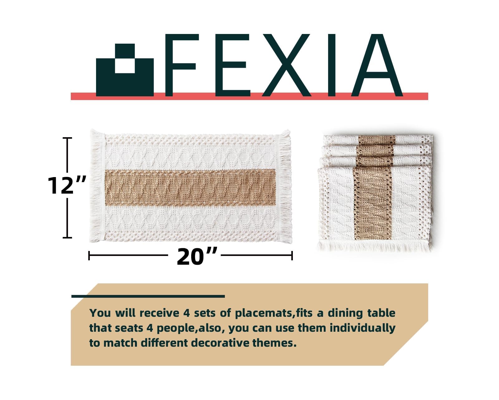 FEXIA Boho Placemats Set of 4 - Macrame Cotton Burlap Table Mats for Christmas, Fall & Thanksgiving Decor | Farmhouse Style Dining Table Centerpiece | Perfect for Holiday Gatherings & Home Decor