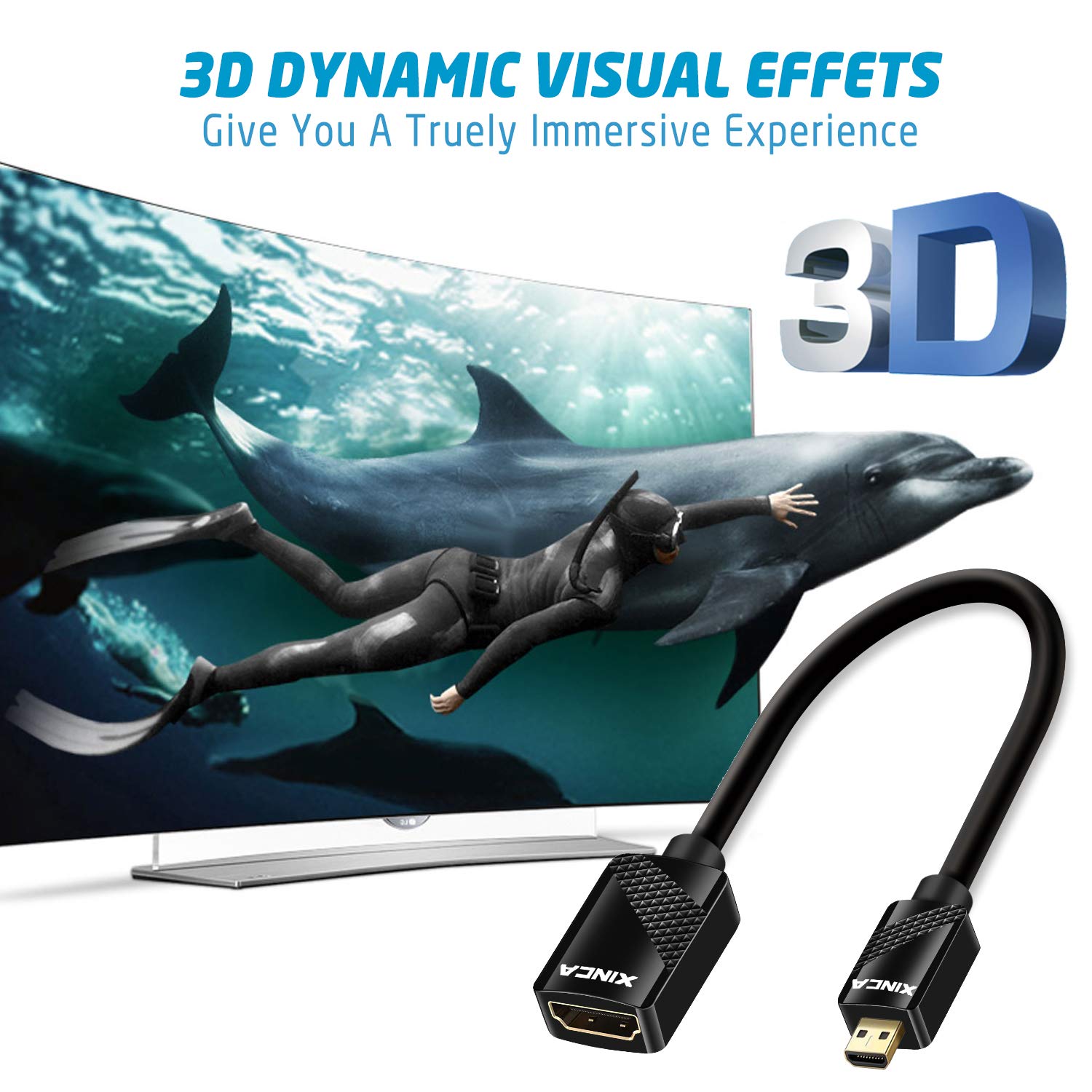 Premium Micro HDMI to HDMI Adapter 4K 3D Gold-Plated Connector - 0.75ft (0.22M) Cable for Smartphones, Tablets, Cameras, GoPro Hero 5 - Perfect for Home Theater, Gaming & Presentations