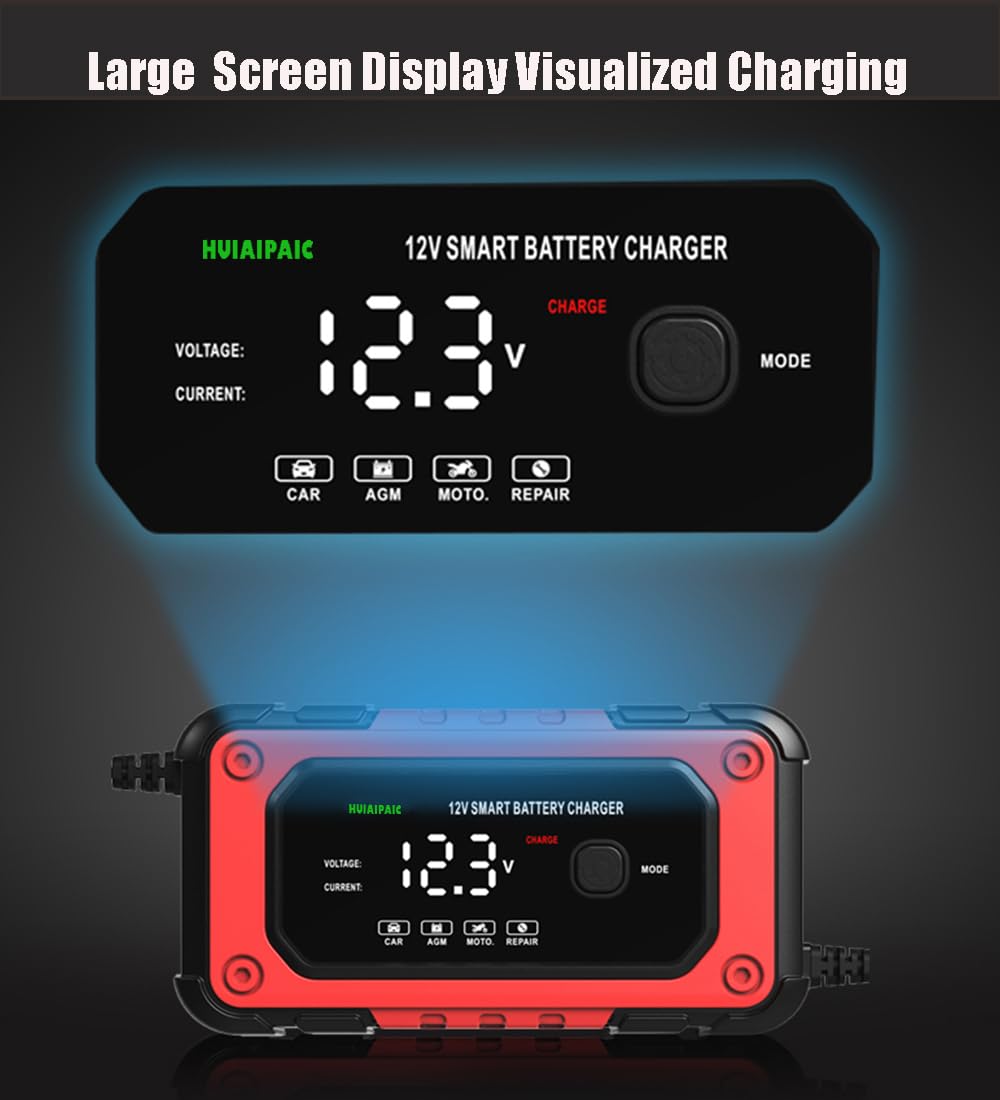 12V 6A Smart Car Battery Charger & Maintainer - Fully Automatic Trickle Charger with Temperature Compensation for AGM & Lead Acid Batteries - Ideal for Winter Storage, RV, Boat & Motorcycle Maintenance