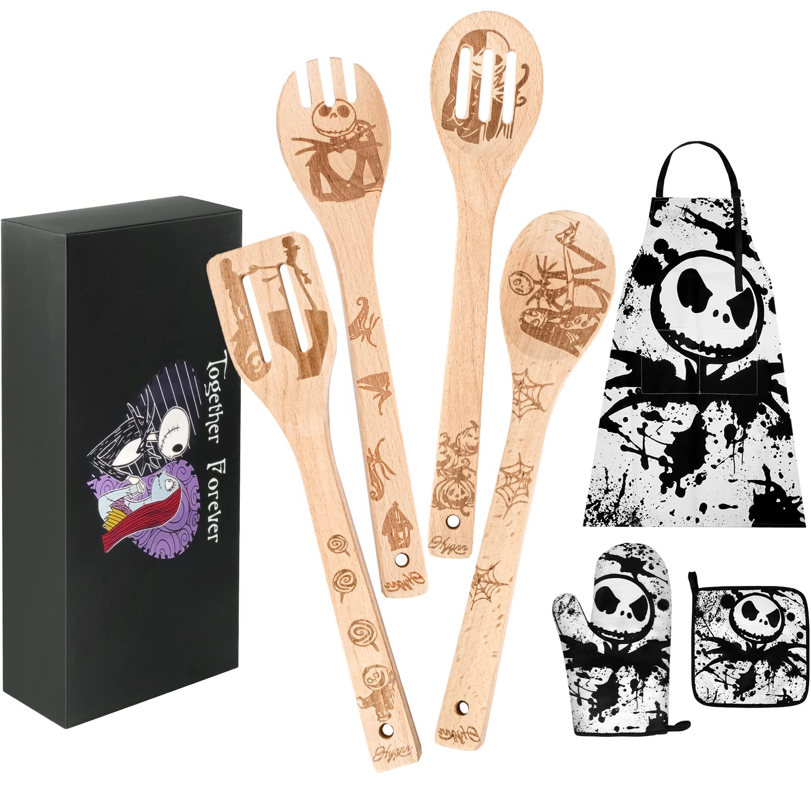 Premium Wooden Kitchen Utensil Set - 6-Piece Natural Wood Cooking Spoon Set with Holder - Ideal Housewarming Gift, Wedding Present & Christmas Gift - Perfect for Baking, Cooking & Serving (Nightmare Before Christmas Theme)