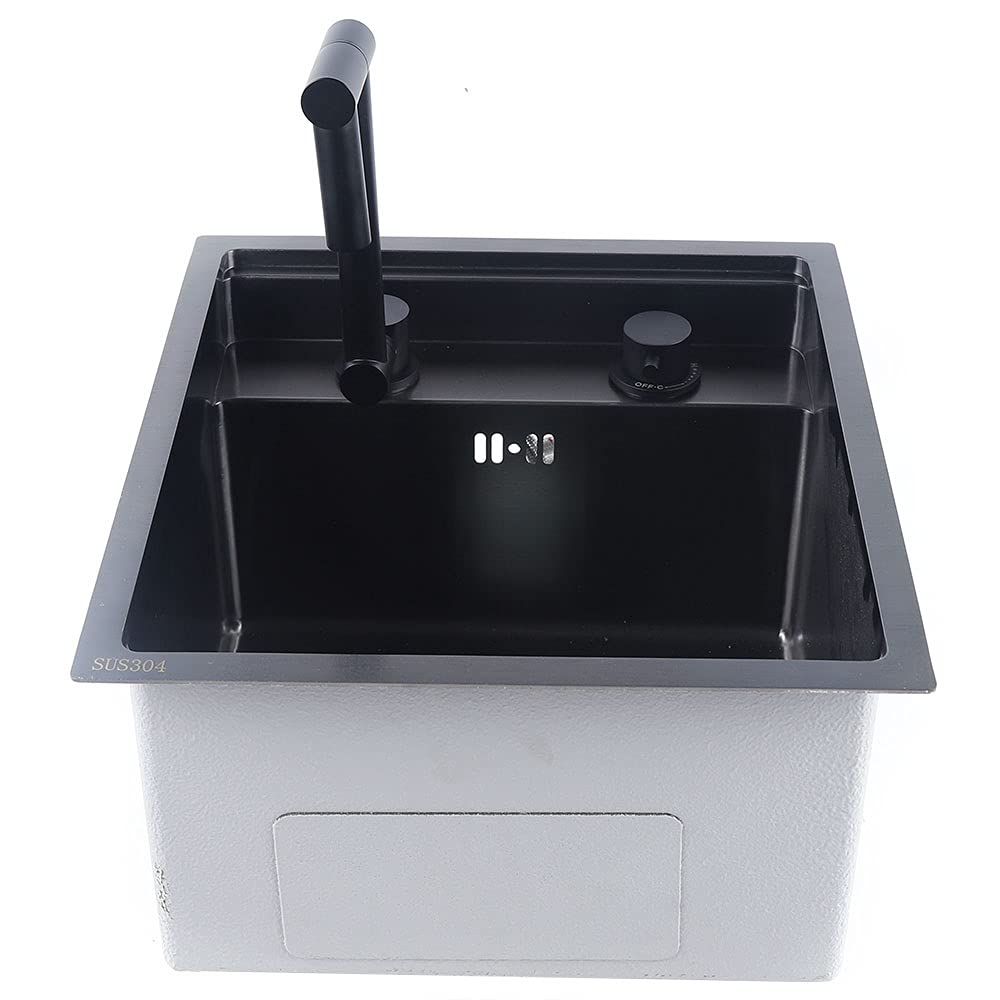 TBVECHI 14-Inch Black Undermount Single Bowl Kitchen Sink with Faucet - Stainless Steel Bar Sink for Drop-in Installation - Perfect for Small Kitchens, Bars, and Outdoor Cooking Areas
