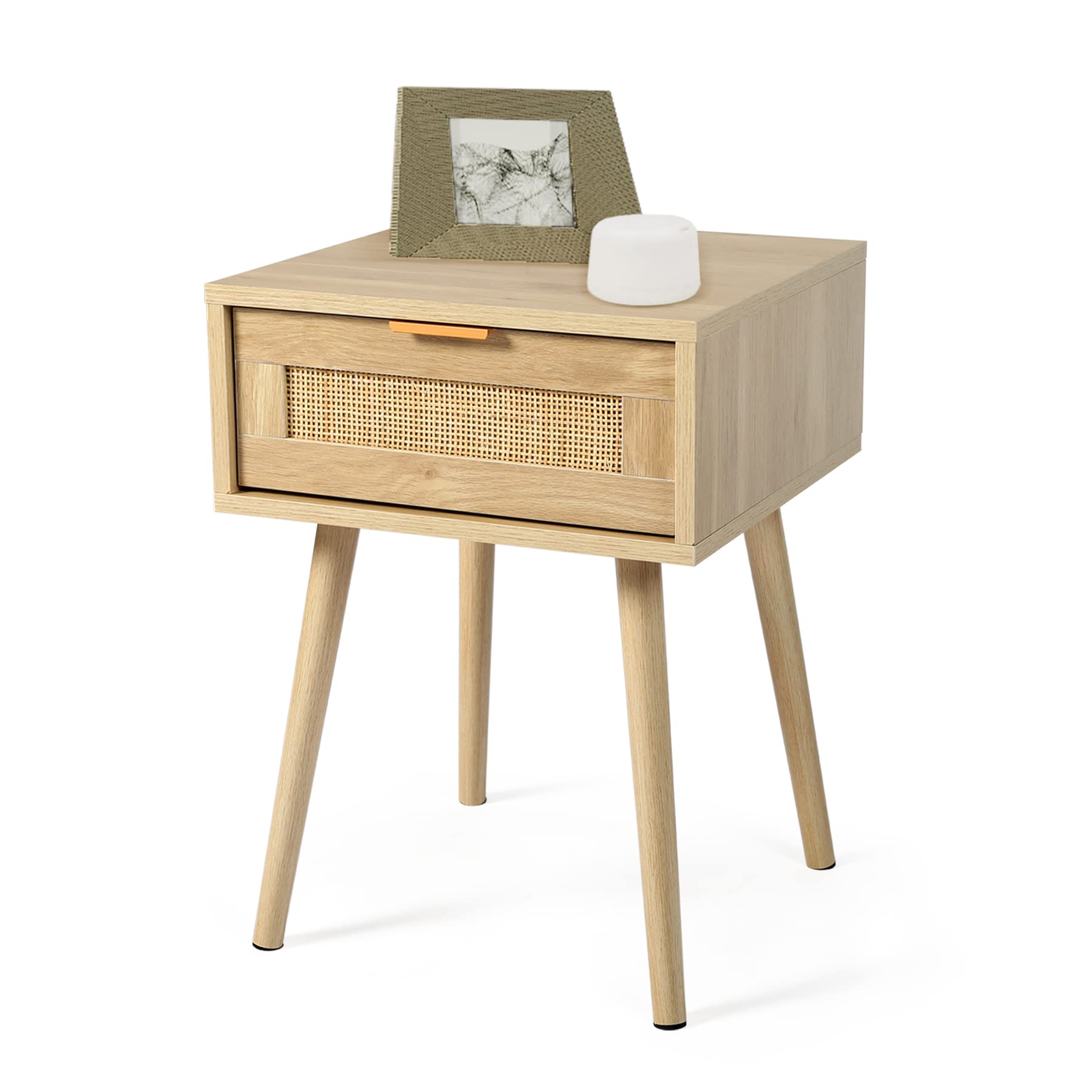 Mid Century Modern Nightstand with 2 Rattan Drawers - Wooden End Table with Storage for Bedroom & Living Room - Natural Oak Accent Table (Perfect for Small Spaces, Apartment Decor & Guest Room Furniture)