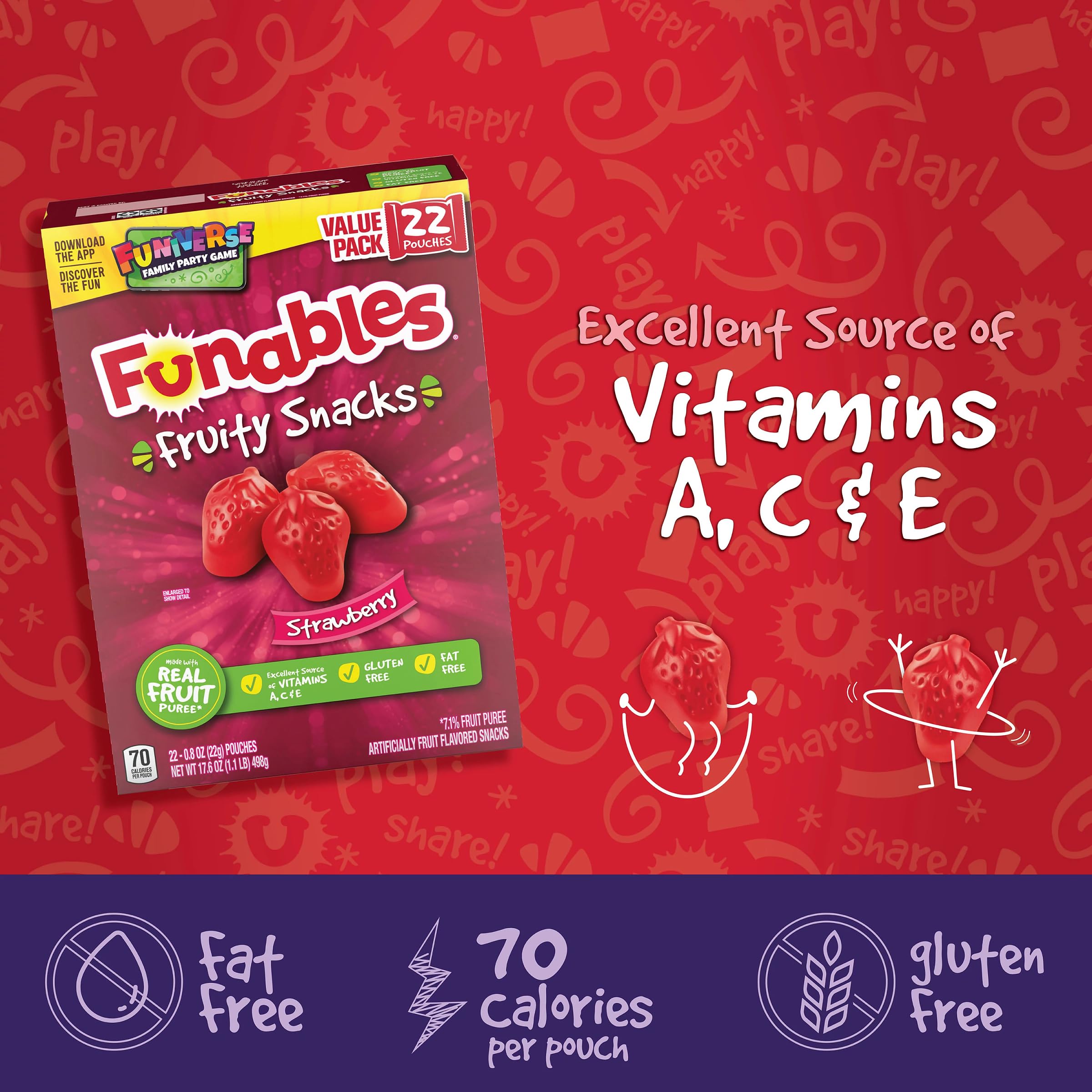 Funables Strawberry Fruit Snacks - 0.8oz Pouches (22 Count) | Gluten Free, Vegan & Kid-Friendly | Perfect for Lunchboxes, After-School Snacks & On-the-Go Treats
