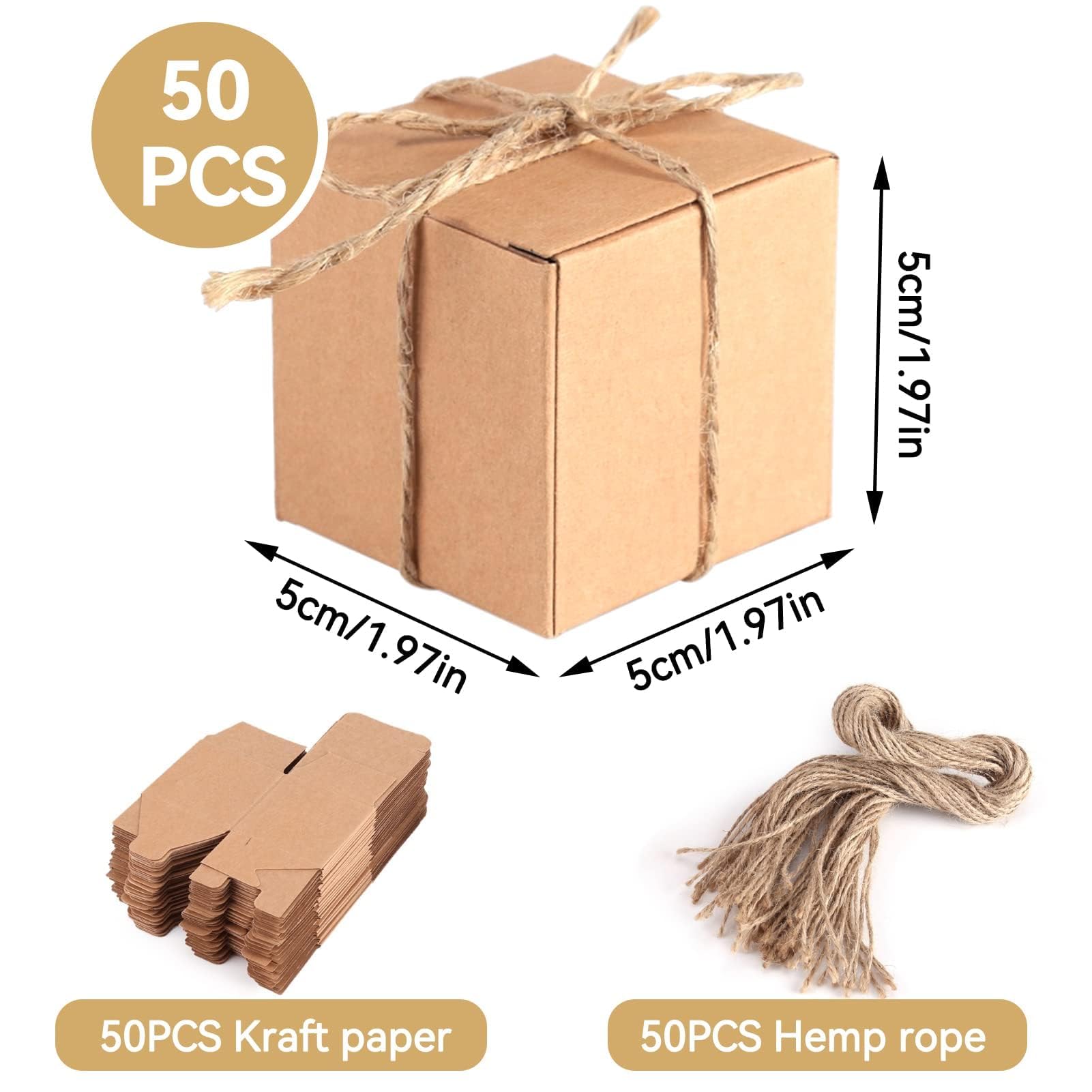 HERCHR 50-Pack 2x2x2 Inch Small Kraft Gift Boxes, Recycled Brown Cardboard Favor Boxes for Bridal, Birthday, Christmas & Party Favors - Perfect for DIY Crafts, Jewelry Packaging & Small Gift Wrapping
