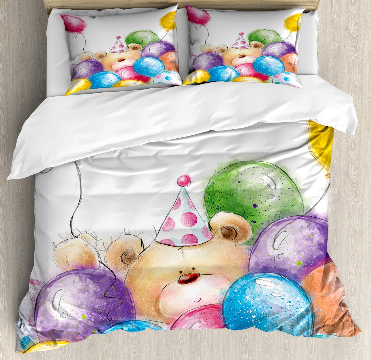 Ambesonne Birthday Duvet Cover Set - Hand Drawn Teddy Bear & Balloons Print 3-Piece Bedding Set with 2 Pillow Shams, California King Size, Multicolor | Kids Room Decor, Birthday Gift, Nursery Bedding
