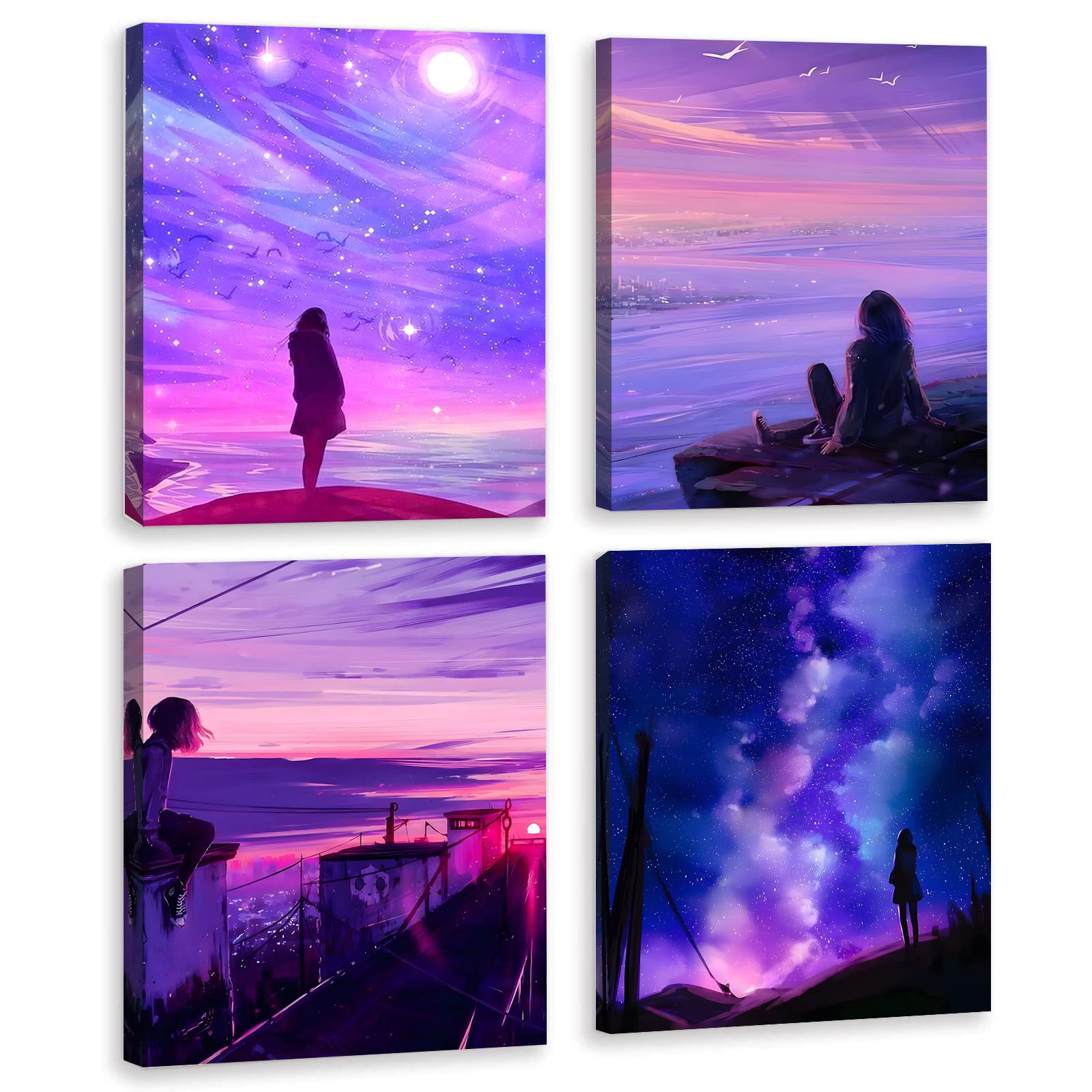 Anime Wall Art Decor - Set of 4 Framed 8x10 Inch Purple Canvas Anime Posters Featuring Lonely Girl Illustration - Perfect for Bedroom, Living Room, Reading Room & Anime Themed Spaces
