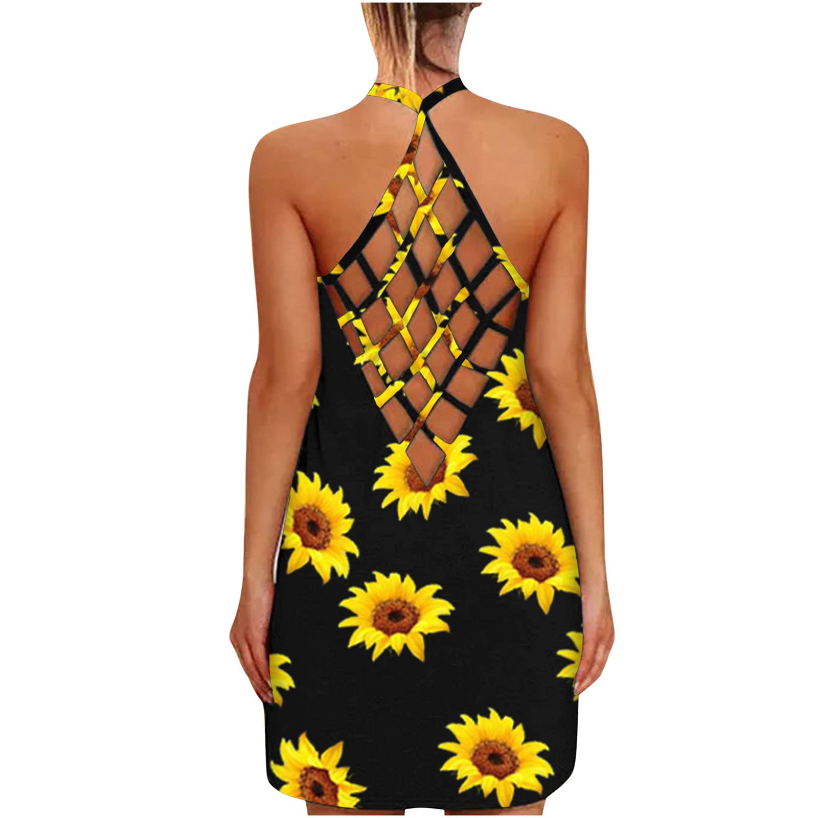 ZASUN Women's Summer Dresses - Sexy Backless Cami Sundress with Sunflower Print | Casual O-Neck Short Sleeve Beach Dress for Vacation, Pool Party & Outdoor Date Night