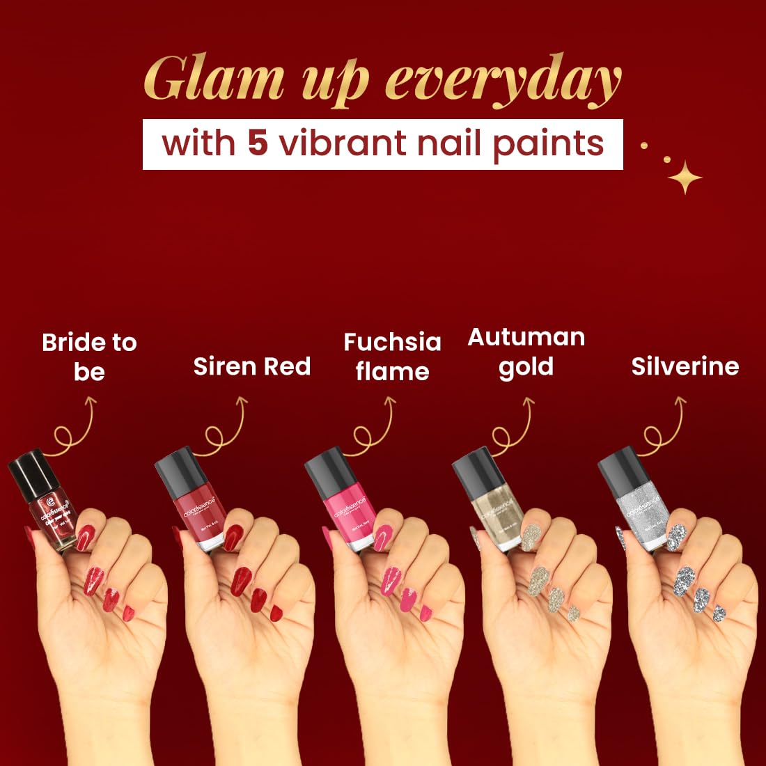 Coloressence Forever Nail Polish Kit - 5 Long Lasting Chip Resistant Quick Dry Nail Colors + Free Nail Polish Remover | Bridal & Party Shades | Perfect for Weddings, Holidays & Special Occasions