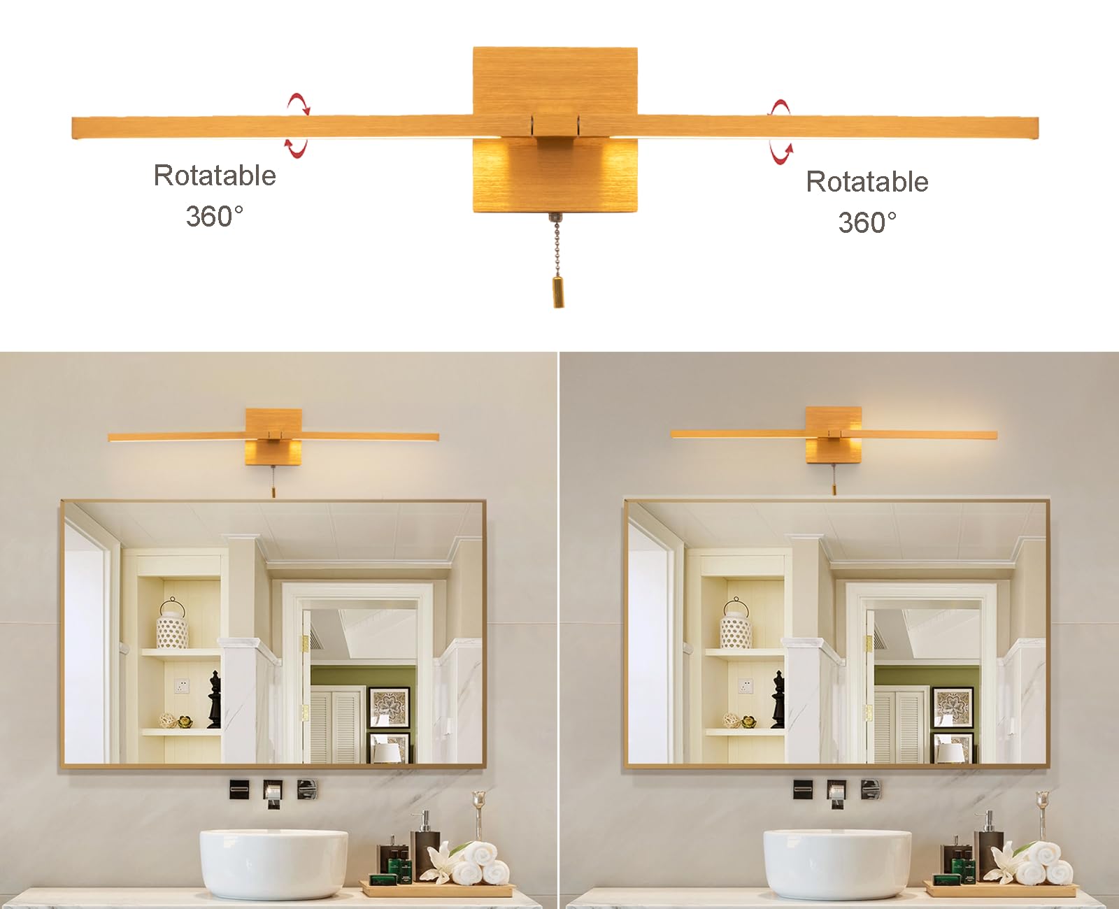 27 Inch Gold LED Bathroom Vanity Light Fixtures - Modern Warm White 4000K Light Bar for Mirrors & Paintings - Pull Chain Switch for Easy On/Off - Perfect for Bathroom, Dressing Room & Makeup Area