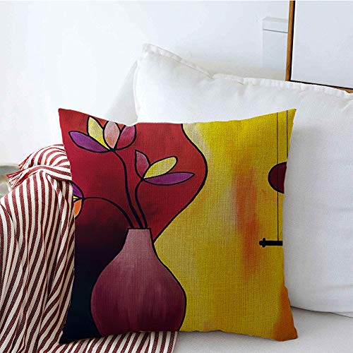 Retro Music Instrument Pillow Cover - Classic Rock Orchestra Bass Guitar Design, Yellow Vase Print 16x16 Inch Square Throw Pillow Case for Couch, Bench & Home Decor | Perfect for Living Room, Bedroom & Music Lover Gifts