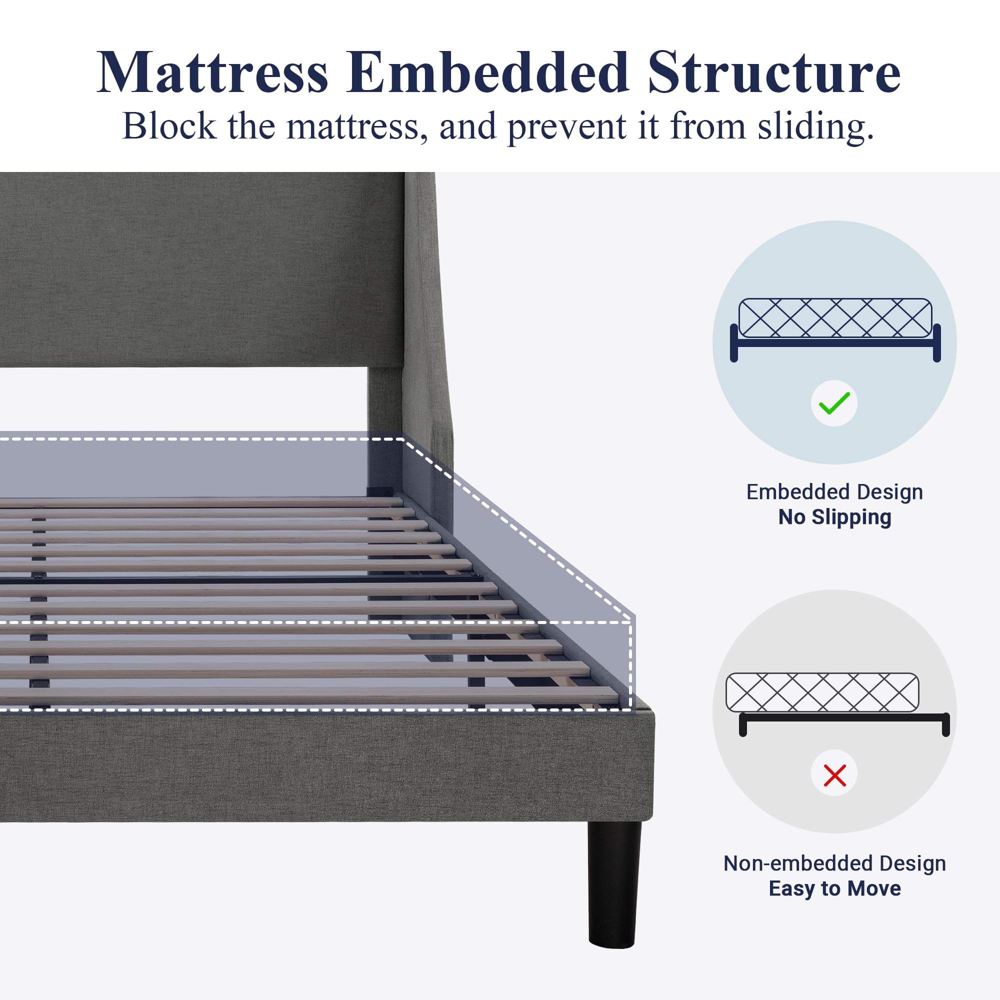 Allewie Full Size Platform Bed Frame with Upholstered Headboard - Modern Wingback Design, Wood Slat Support, Dark Grey - Perfect for Master Bedroom, Guest Room & Small Space