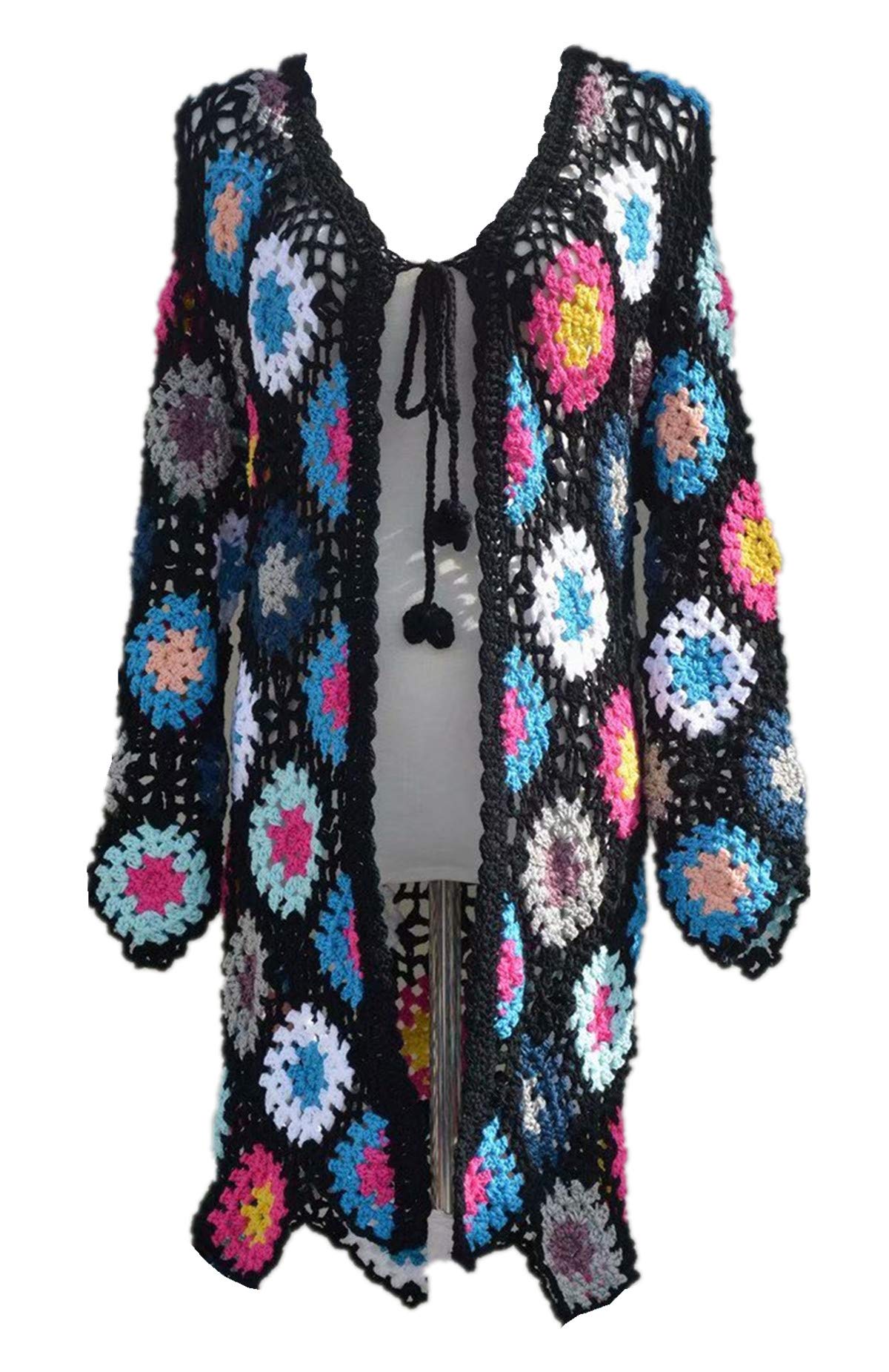 Lightweight Long Crochet Cardigan for Women - Open Front Tie Design Granny Square Sweater Coat - Plus Size Boho Chic Loungewear for Home, Office & Casual Outings