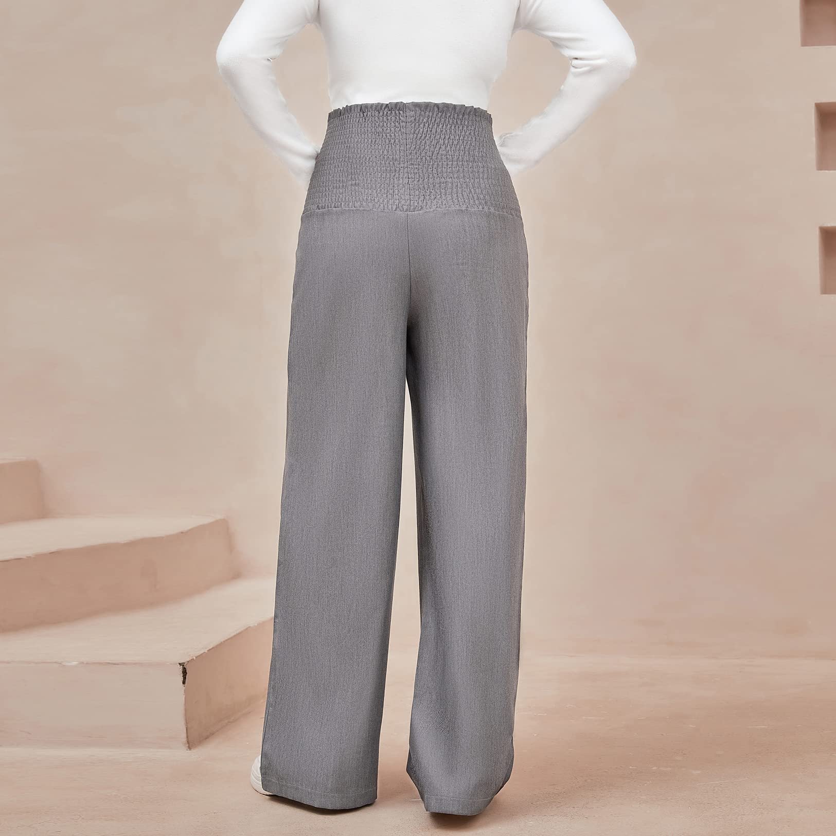 **Maternity Work Pants for Women - Wide Leg, Smocked Waist, Loose & Comfortable Pregnancy Pants - Perfect for Office, Casual Wear & Everyday Use**