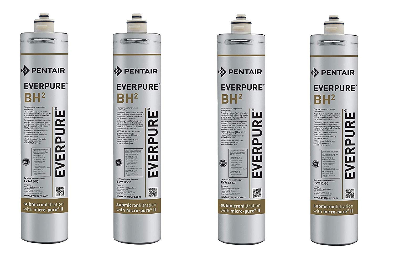 Everpure EV9612-50 BH 2 Water Filter Cartridge Replacement (4-Pack) - Compatible with Commercial & Residential Refrigerators, Under Sink Water Filtration Systems