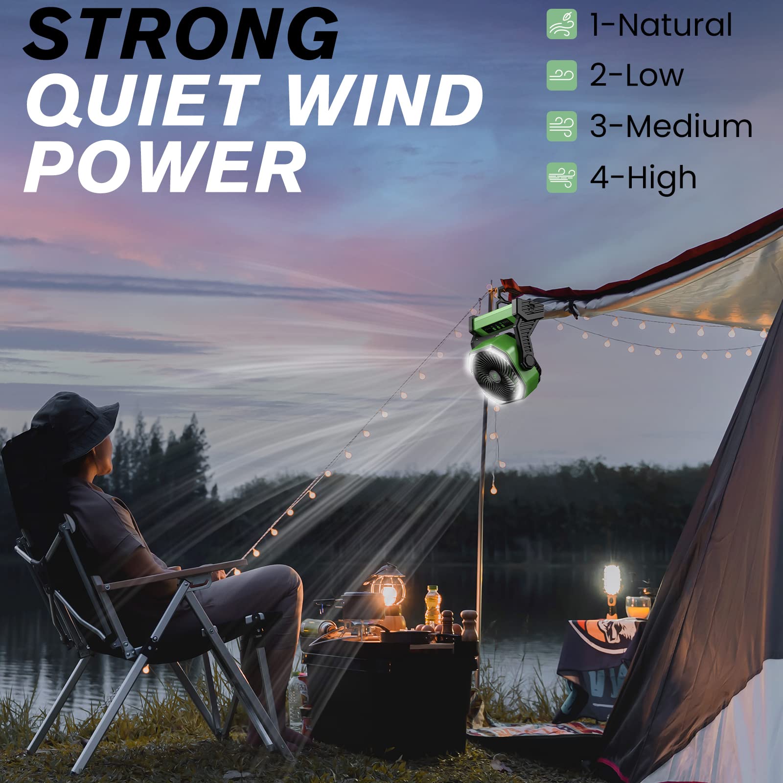 20000mAh Portable Fan with 16 LED Lights - Rechargeable Battery Operated Fan Lasts 58 Hours - Camping Fan & Lantern for Outdoor Adventures, Hiking, Backpacking, and Emergency Use - Green