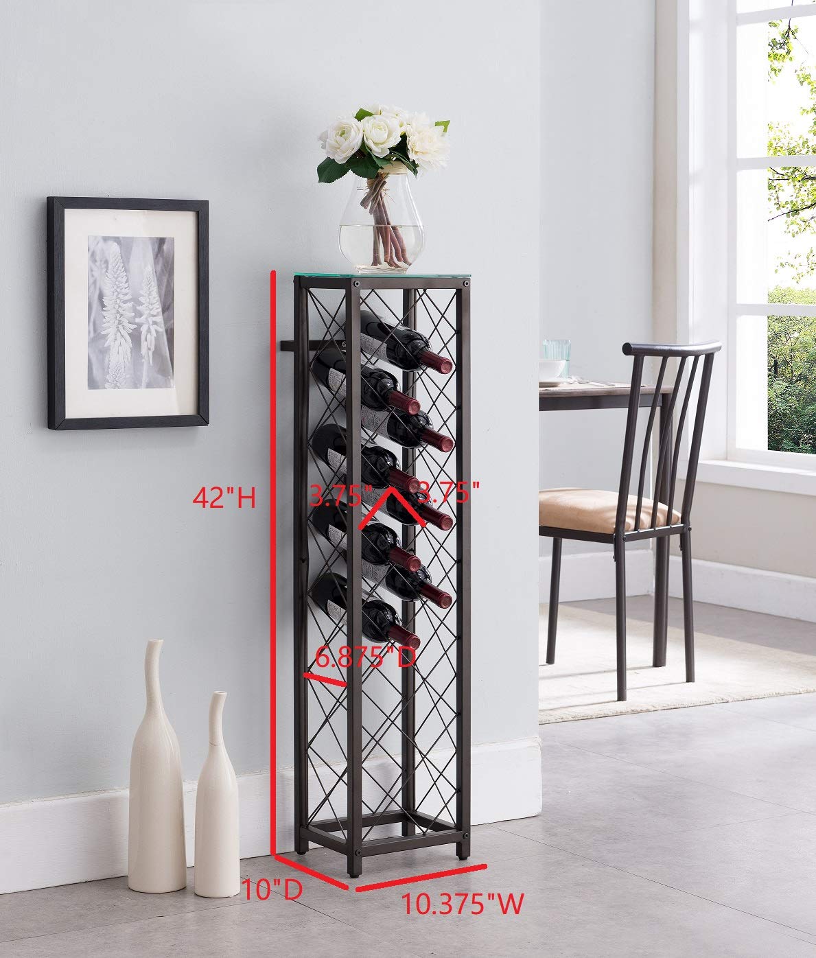 KB Designs - 13 Bottle Freestanding Floor Wine Rack Tower with Pewter Finish - Perfect for Dining Room, Kitchen, or Wine Cellar Storage & Display