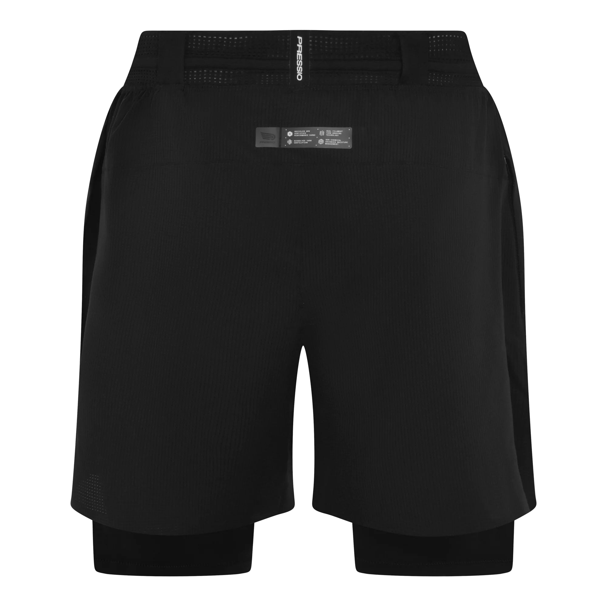 Pressio Men’s Elite 2-in-1 Running Shorts with Liner - Black/Silver - Moisture Wicking Athletic Shorts for Gym, Workout & Outdoor Sports