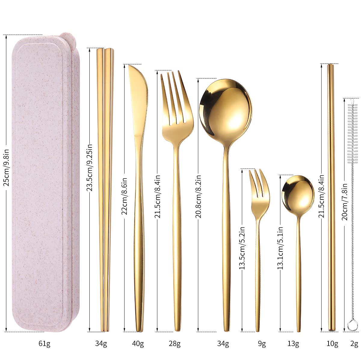 AARAINBOW 8-Piece Stainless Steel Travel Cutlery Set with Chopsticks & Cleaning Brush - Dishwasher Safe for Camping & Picnics (Golden)