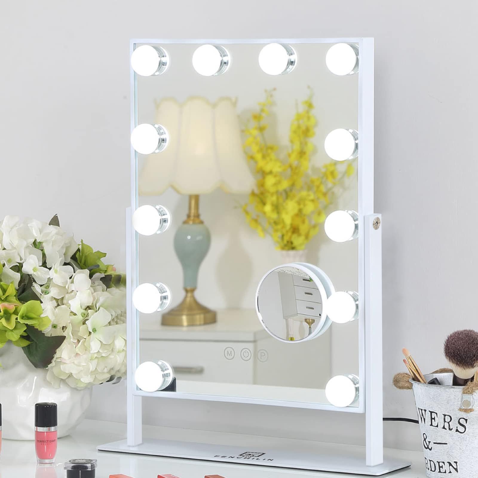 FENCHILIN Hollywood Vanity Mirror with LED Lights - Smart Touch Control, 3-Color Dimmable Lighting, 10X Magnification & 360° Rotation - Detachable White Makeup Mirror for Perfect Makeup Application in Any Lighting (Ideal for Home, Salon & Travel)