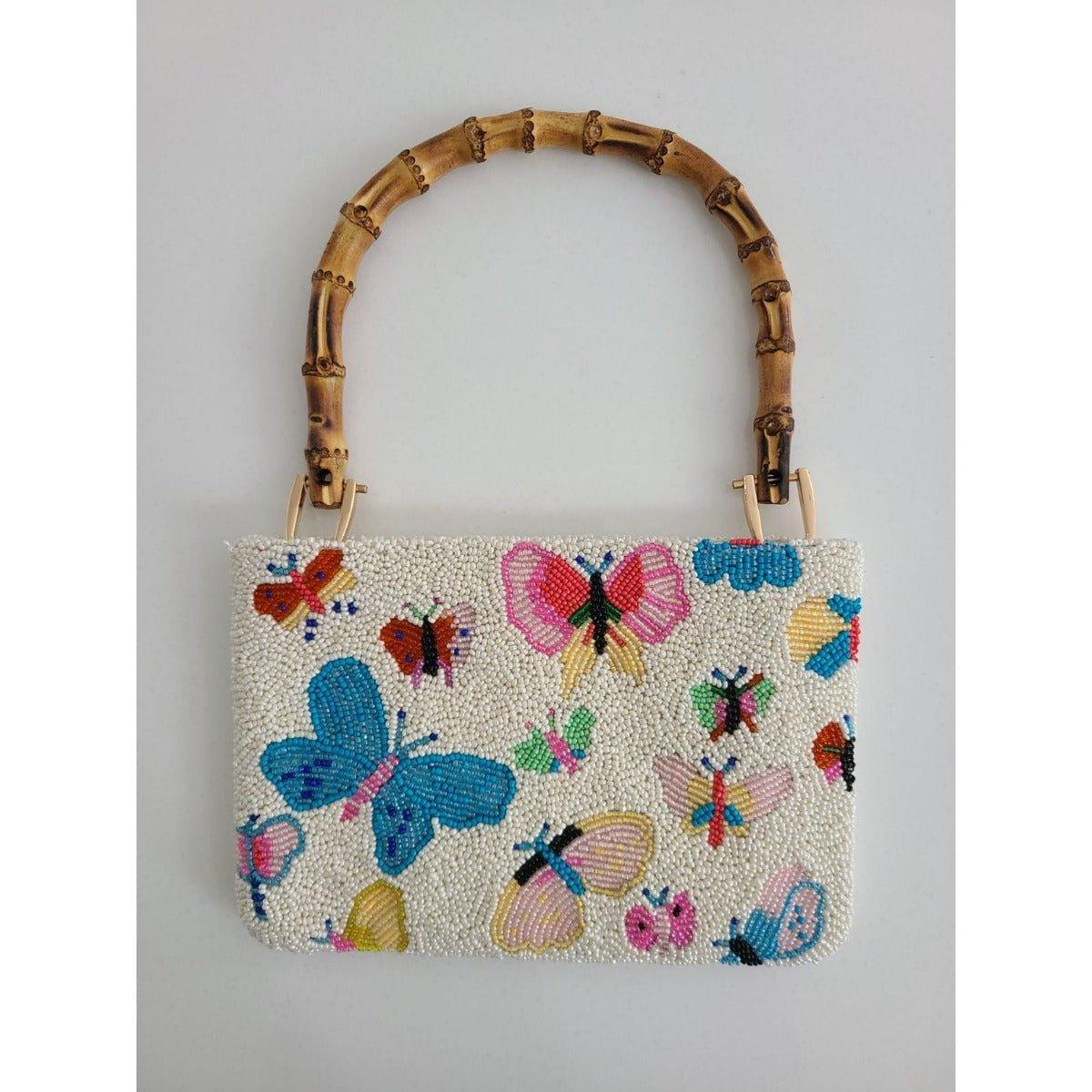 Elegant Beaded Butterfly Clutch Purse with Bamboo Handle - Perfect for Evening Parties, Weddings & Special Occasions