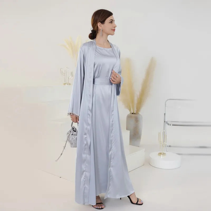 Elegant Muslim Women's Beaded Sleeve Satin Cardigan Open Abaya Dress for Eid, Wedding, Party & Special Occasions - Perfect for Islamic Celebrations, Festivals and Formal Events