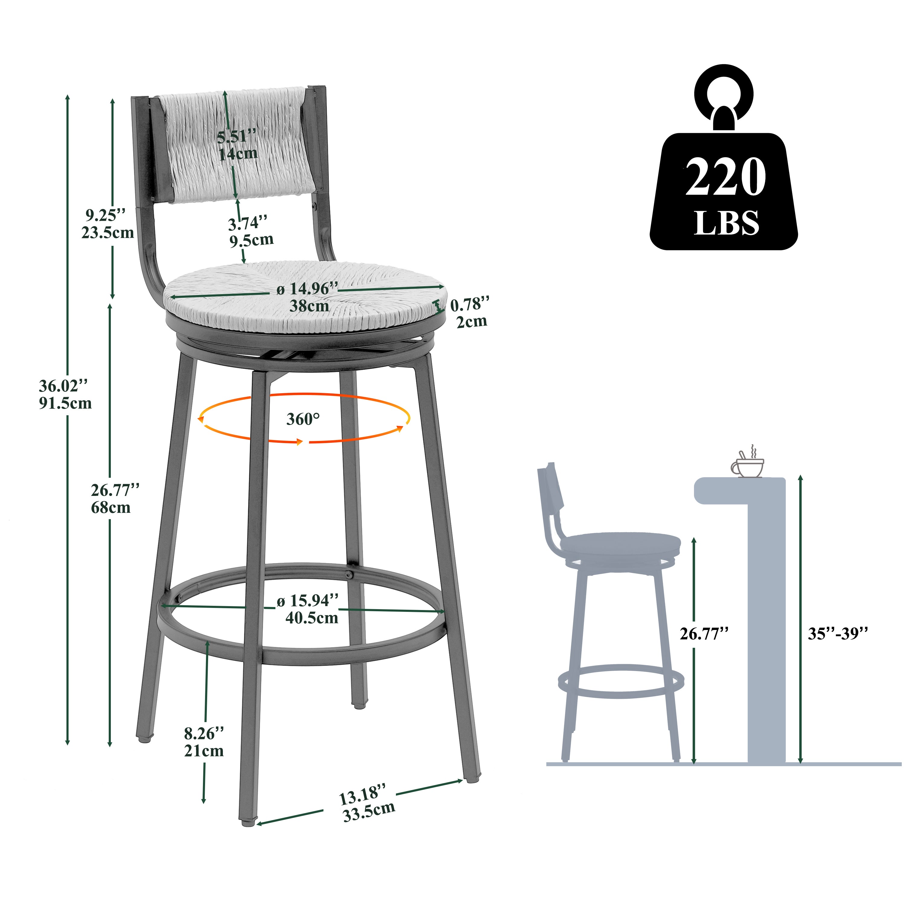 Swivel Bar Stools Set of 2 - Creamy White Counter Height Chairs with Hand Woven Paper Rope Seat & Sturdy Metal Frame - Perfect for Kitchen Island, Breakfast Bar, or Dining Counter - Modern Farmhouse Style Barstools