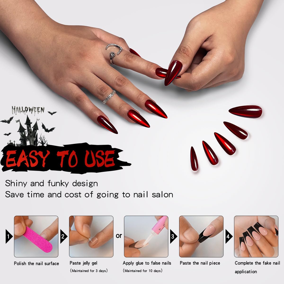 Yivaiks Red Vampire Halloween Cat Eye Press on Nails - Long Stiletto Acrylic Fake Nails with Glue & Glitter - 24pcs Holographic Artificial Nail Kit for Parties, Cosplay & Halloween Costume Accessories