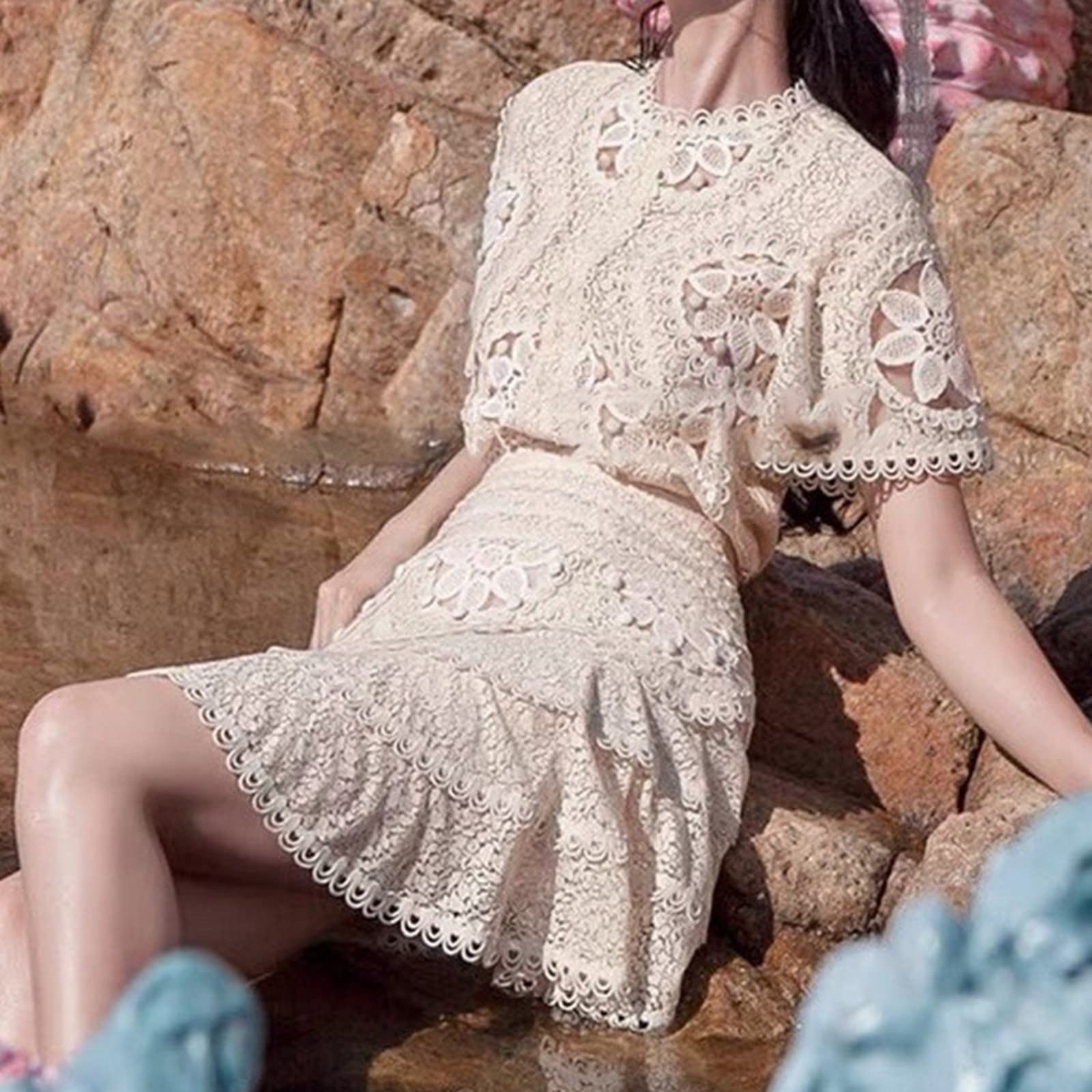 Women's Vintage Floral Embroidery Lace Dress Set - Summer Puff Sleeve Bodycon Mini Dress in Apricot | Perfect for Beach Vacations, Date Nights & Summer Parties