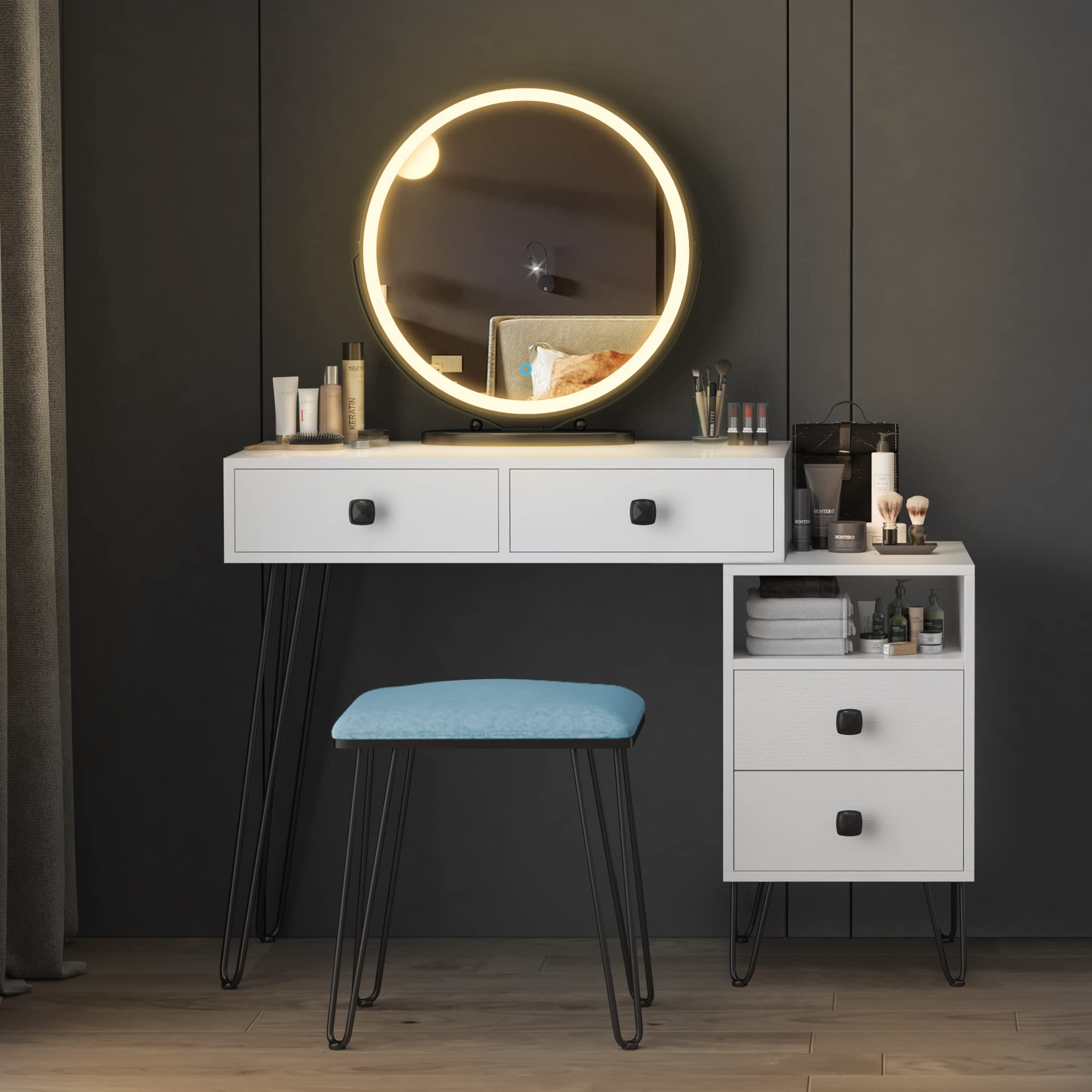 Vlsrka Makeup Vanity Set with Lighted Mirror & Storage - Bedroom Dressing Table for Women